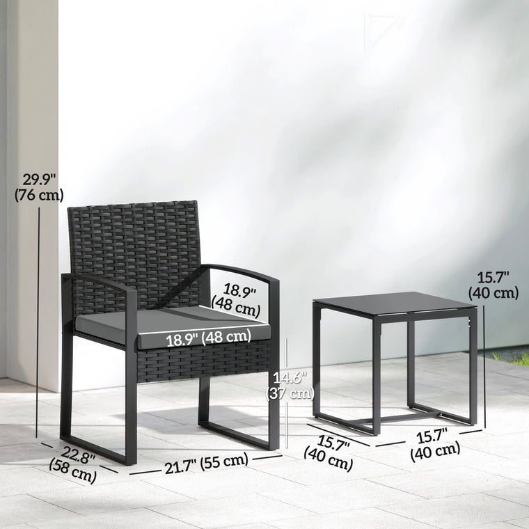 3-Piece Wicker Bistro Set with Glass Top Table - Dark Grey