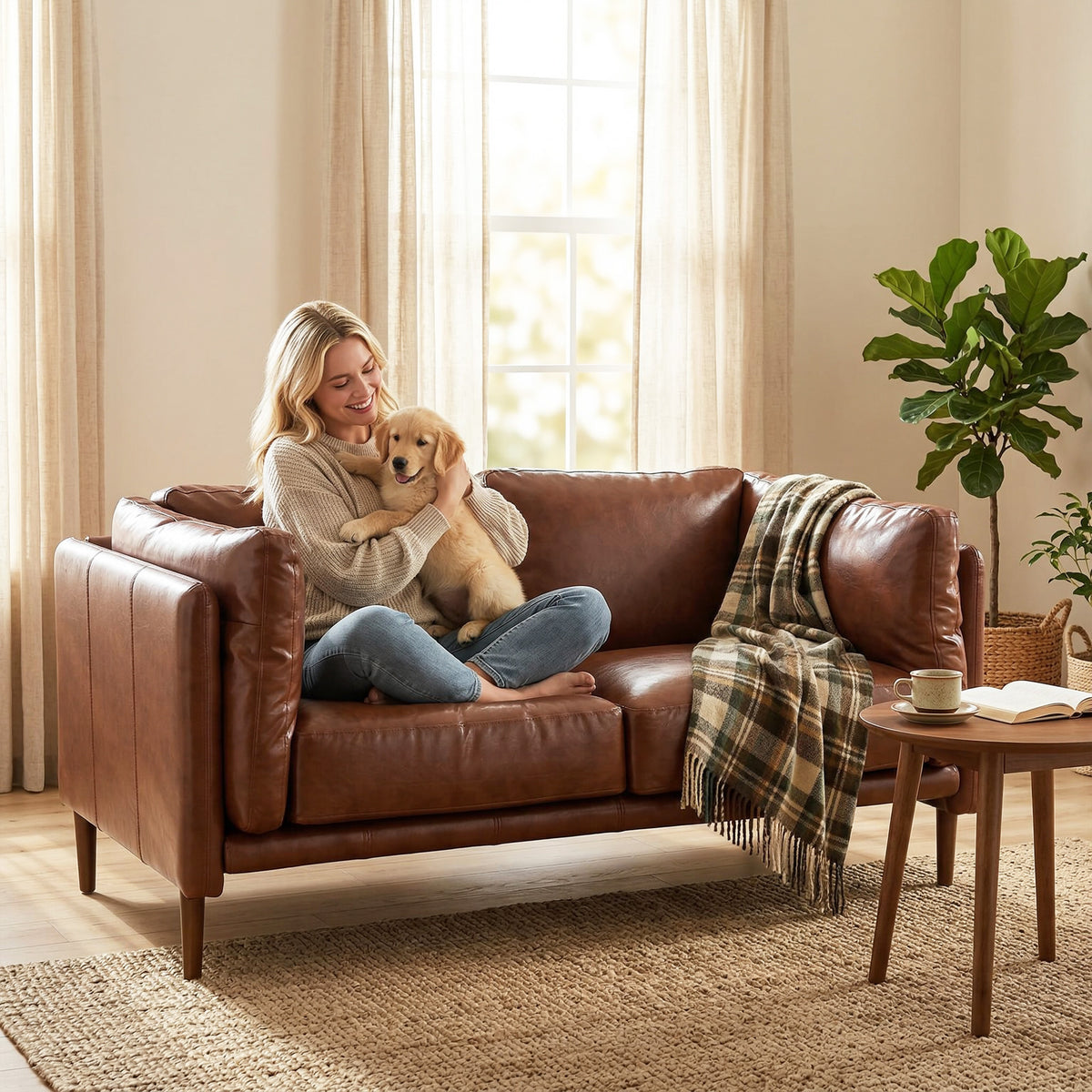 59" Loveseat Sofa, PU Leather 2 Seater Sofa with Wide Seat, High-Density Foam, Thick Cushion, Wood Legs, Brown