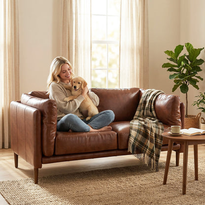 59" PU Leather Loveseat Sofa with Wood Legs - Brown