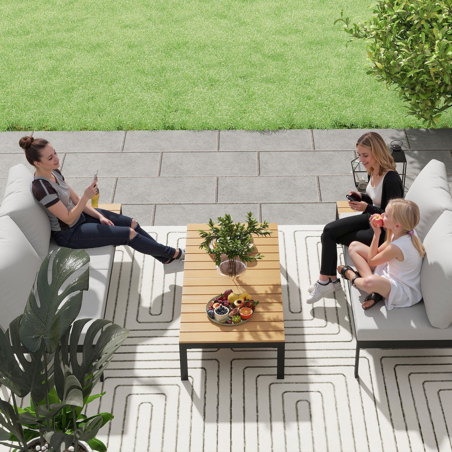 4 Piece L Shaped Garden Furniture Set, 4 Seater Outdoor Corner Garden Set, 2 Loveseats, 2 Coffee Tables, Teak