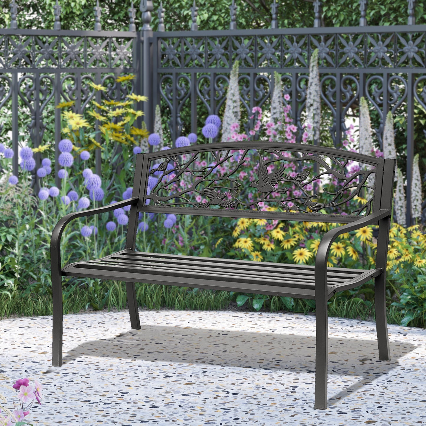 50" Garden Bench Outdoor Loveseat with Vintage Bird Pattern Cast Metal