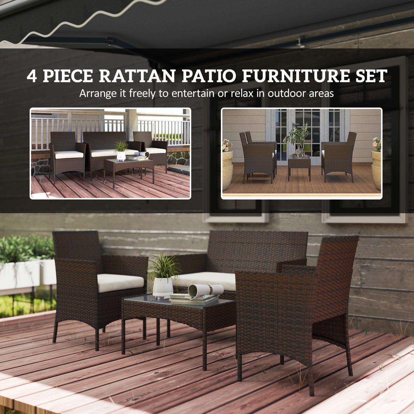 4 Pieces Wicker Outdoor Balcony Furniture Set Rattan Patio Furniture Set with Loveseat Chairs Glass Coffee Table Beige