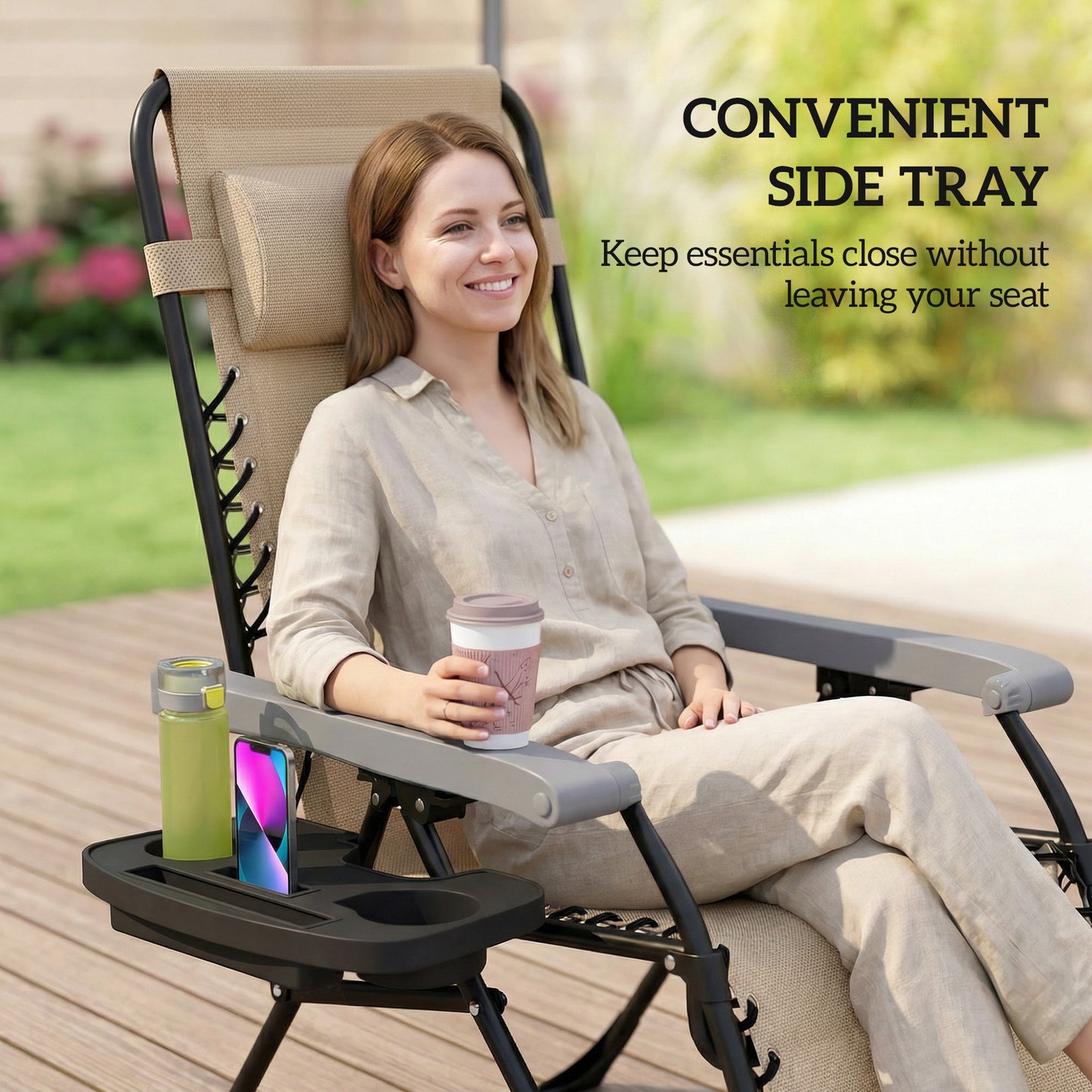 Zero Gravity Chair Set of 2, Folding Reclining Outdoor Lounge Chair with Cup Holder, Headrest, Light Brown