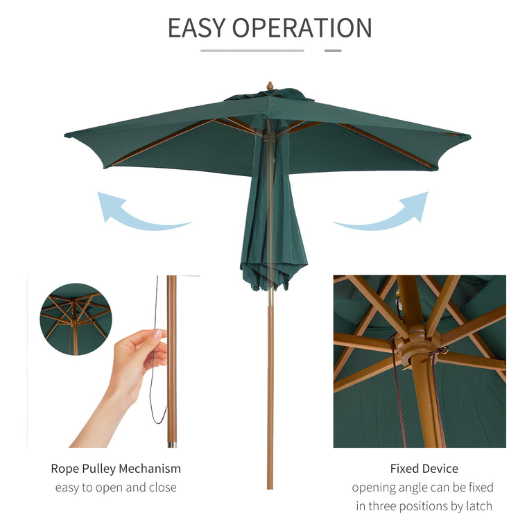 8FT Dark Green Wood Market Umbrella with Bamboo Ribs