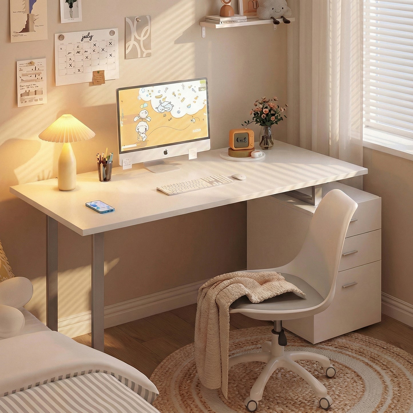 47" Computer Desk Writing Table Workstation with Multi-Use Reversible File Drawers Metal Frame Home Office Furniture, White