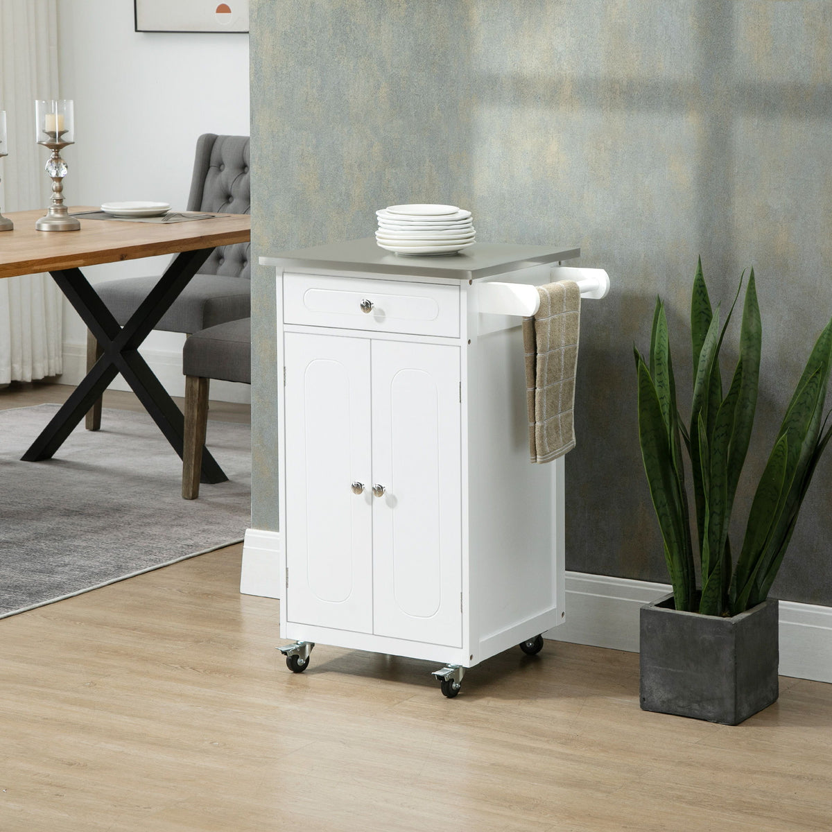Kitchen Cart, Small Kitchen Island, Stainless Steel Top Utility Trolley on Wheels with Storage Drawer for Dining Room, Kitchen (White)