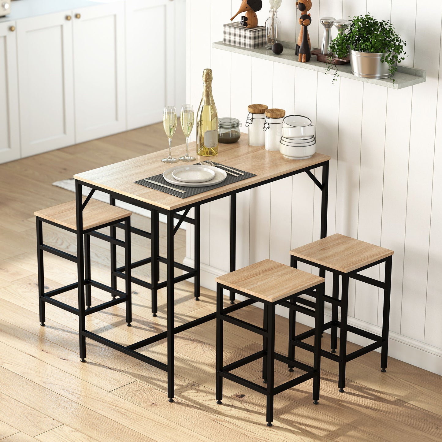 5 Pieces Industrial Rectangular Bar Table Set, Dining Table Set Breakfast Table with 4 Stools for Dining Room, Kitchen, Dinette, Oak