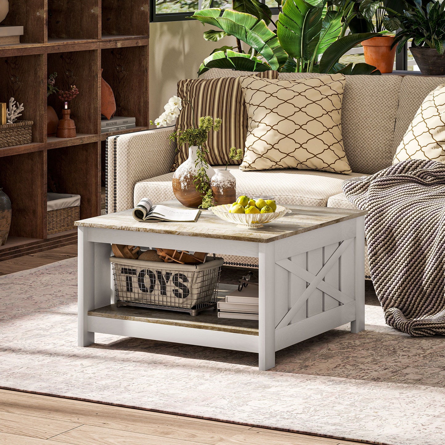 31.5" Square Coffee Table, Farmhouse 2-Tier Center Table for Living Room, Distressed Oak and Brown