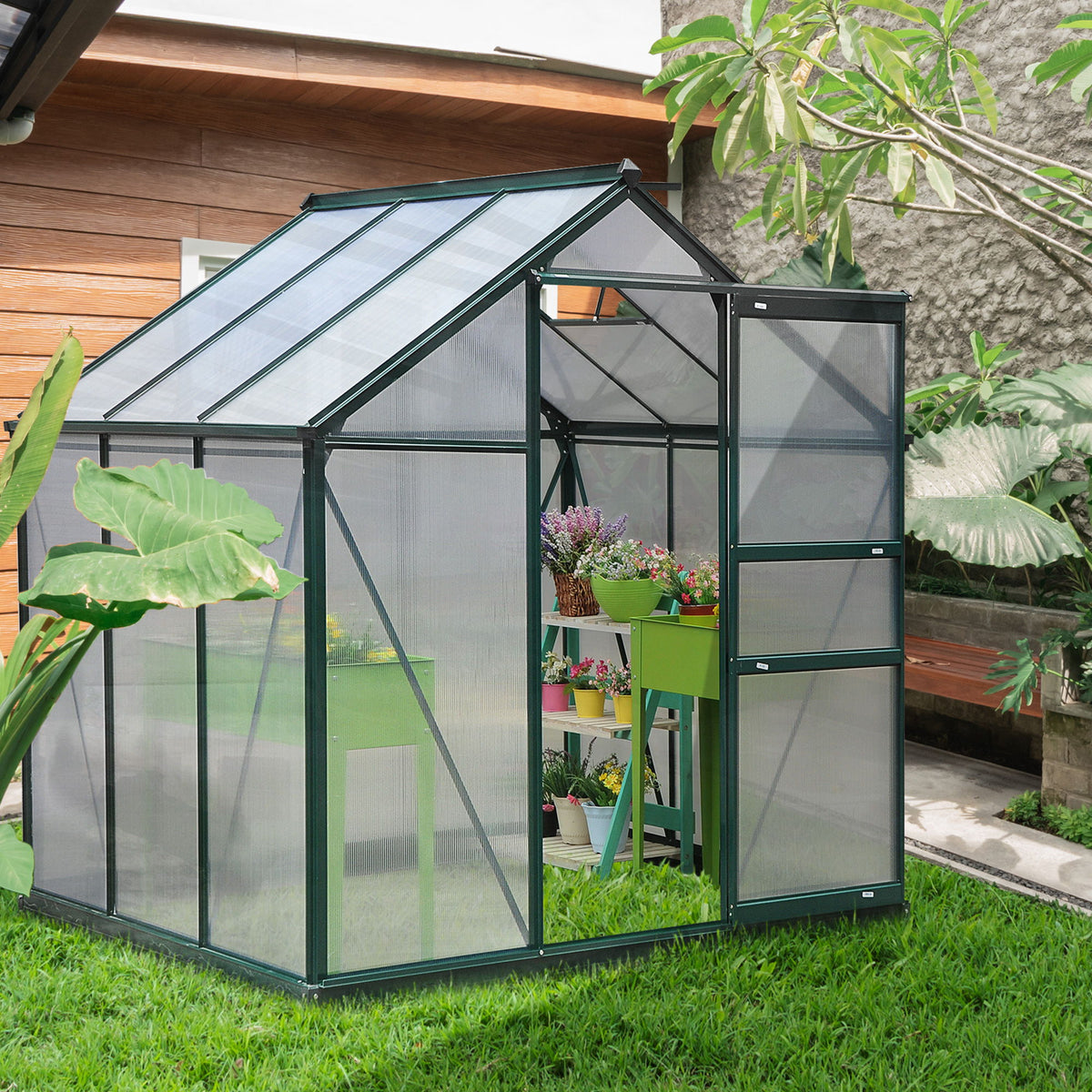 6.2' x 6.3' x 6.6' Clear Polycarbonate Greenhouse Large Walk-In Green House Garden Plants Grow Galvanized Base Aluminium Frame w/ Slide Door