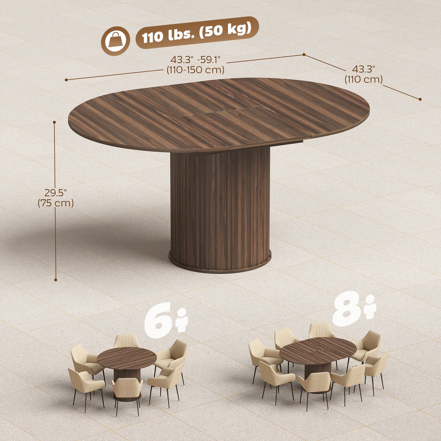 Extendable Kitchen Table for 6-8, 43.5"-59" Farmhouse Dining Table with Pedestal Base Walnut Wood Grain