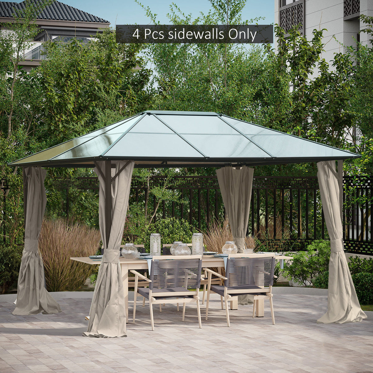 Gazebo Curtains, 10' x 12' Universal Replacement Privacy Curtain, 4-Panels Sidewall with Hooks/C-Rings, Beige