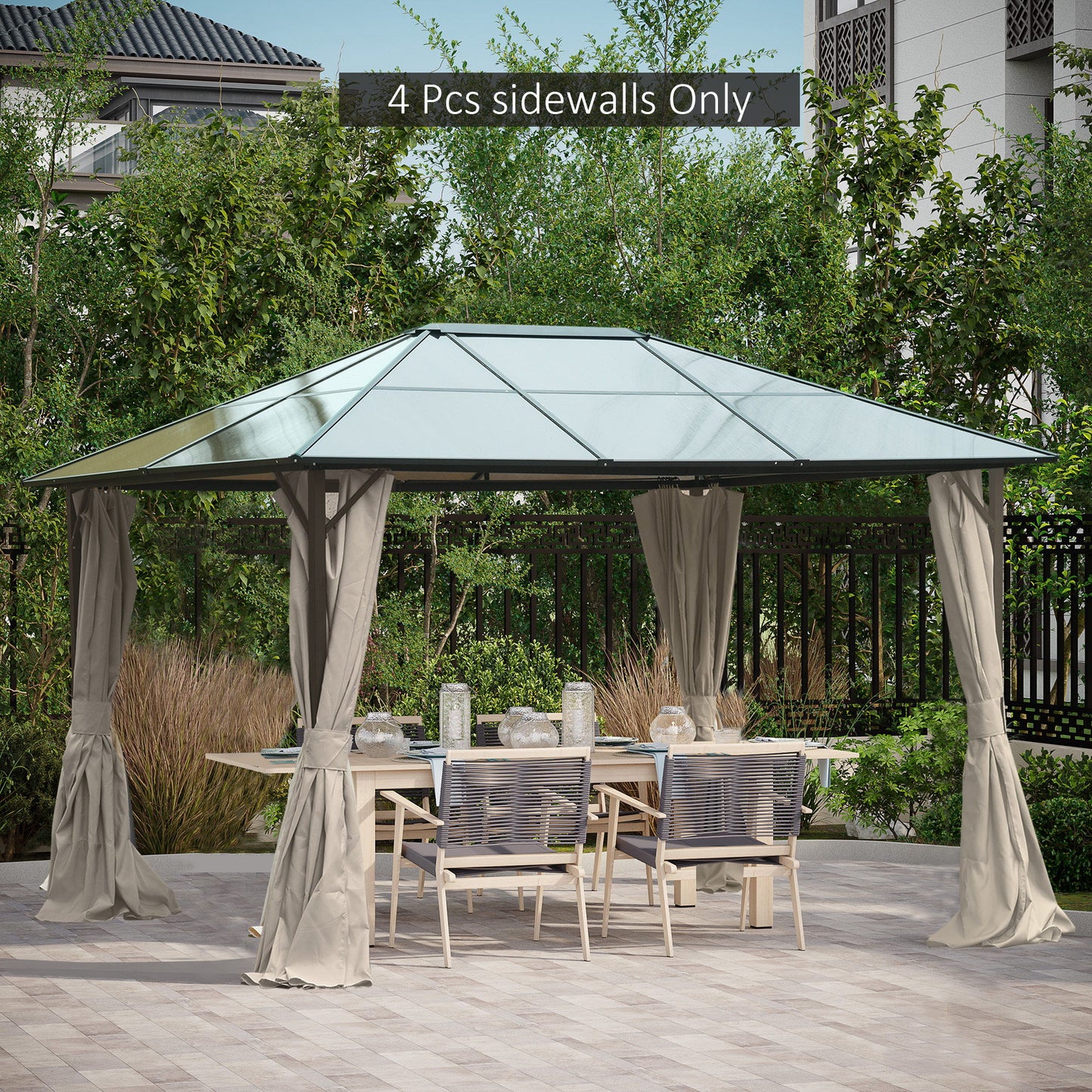 Gazebo Curtains, 10' x 12' Universal Replacement Privacy Curtain, 4-Panels Sidewall with Hooks/C-Rings, Beige