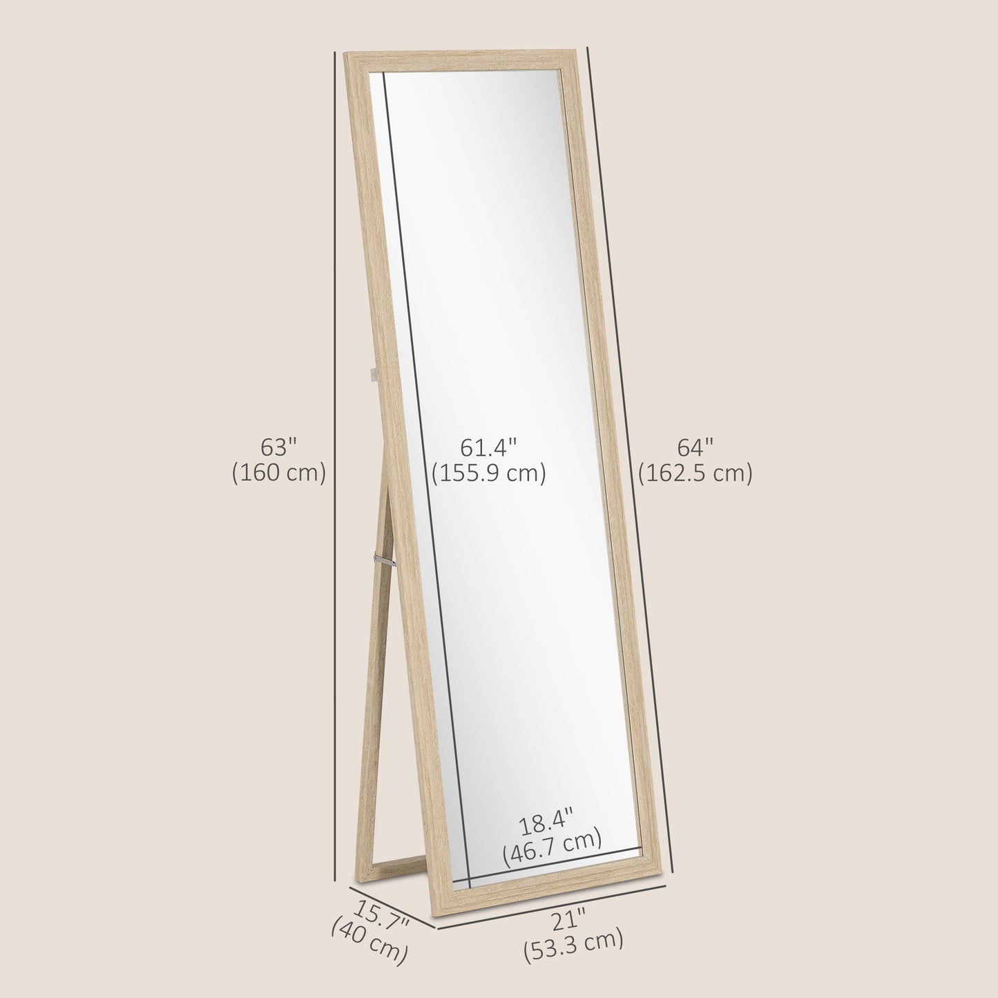64" x 21" Full Length Mirror, Standing, Wall-Mounted or Leaning Against Wall, for Bedroom, Living Room, Beige