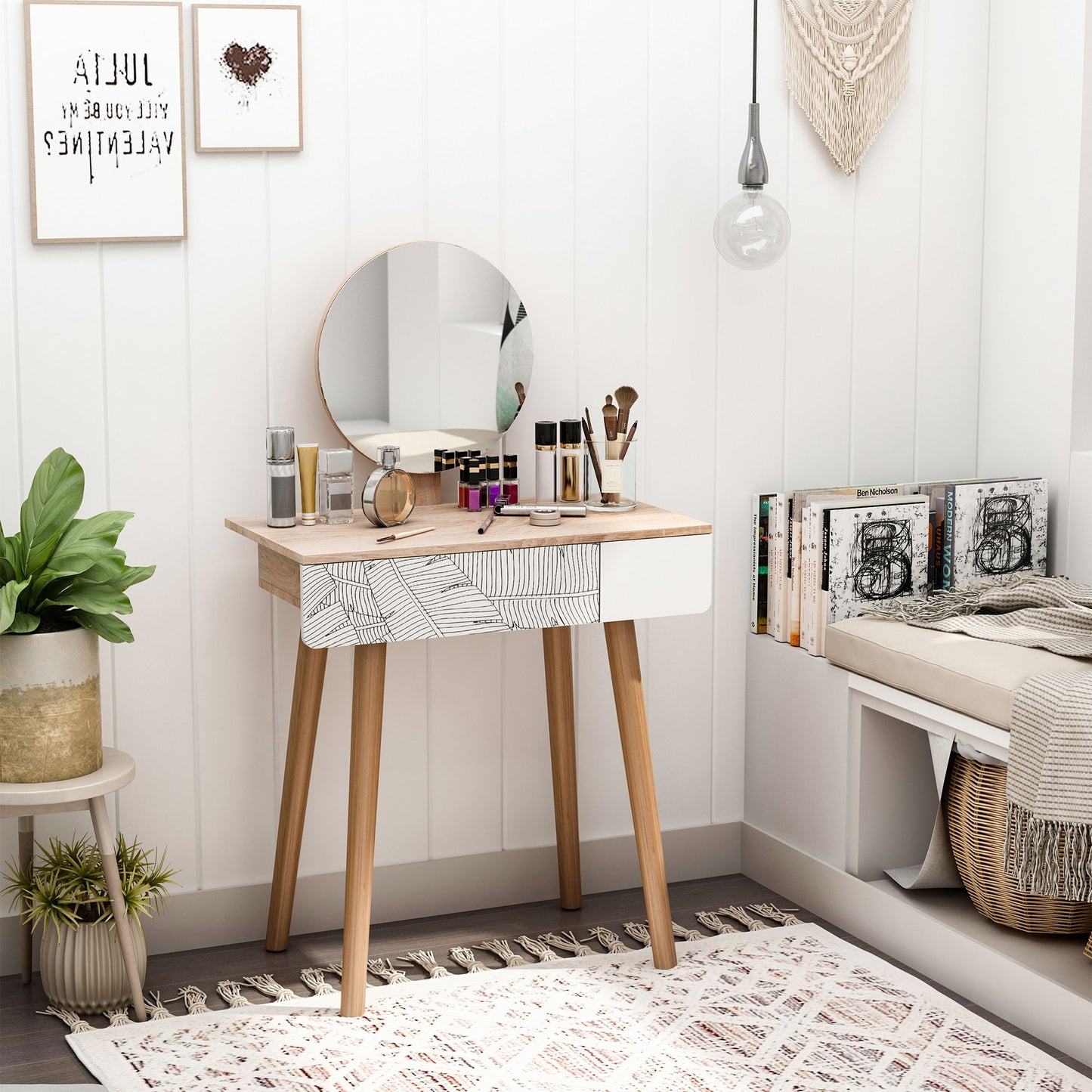 Vanity Desk with Mirror, Makeup Vanity with Drawer and Height Adjustable Mirror, Dressing Table with Wood Legs for Bedroom, Oak