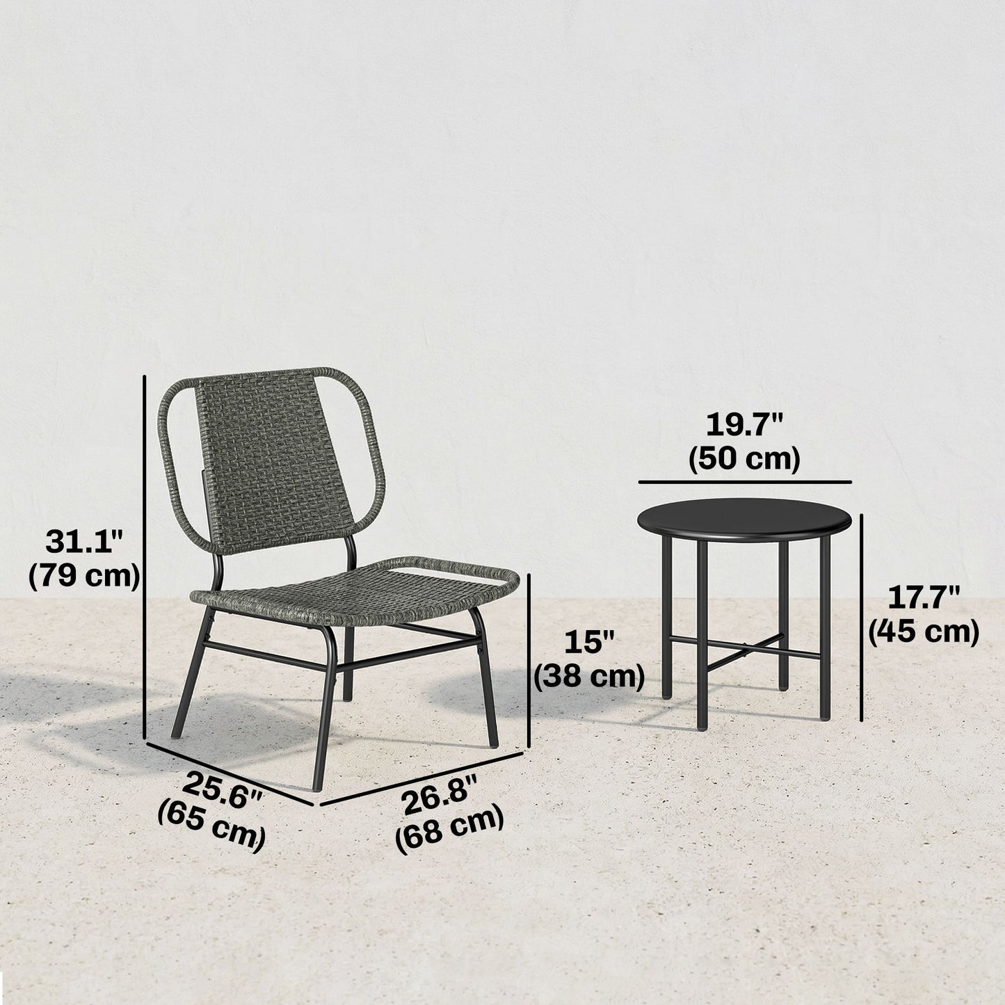3 Piece Wicker Patio Furniture Set, Outdoor Bistro Set with Steel Table, Rattan Outdoor Conversation Furniture, Grey