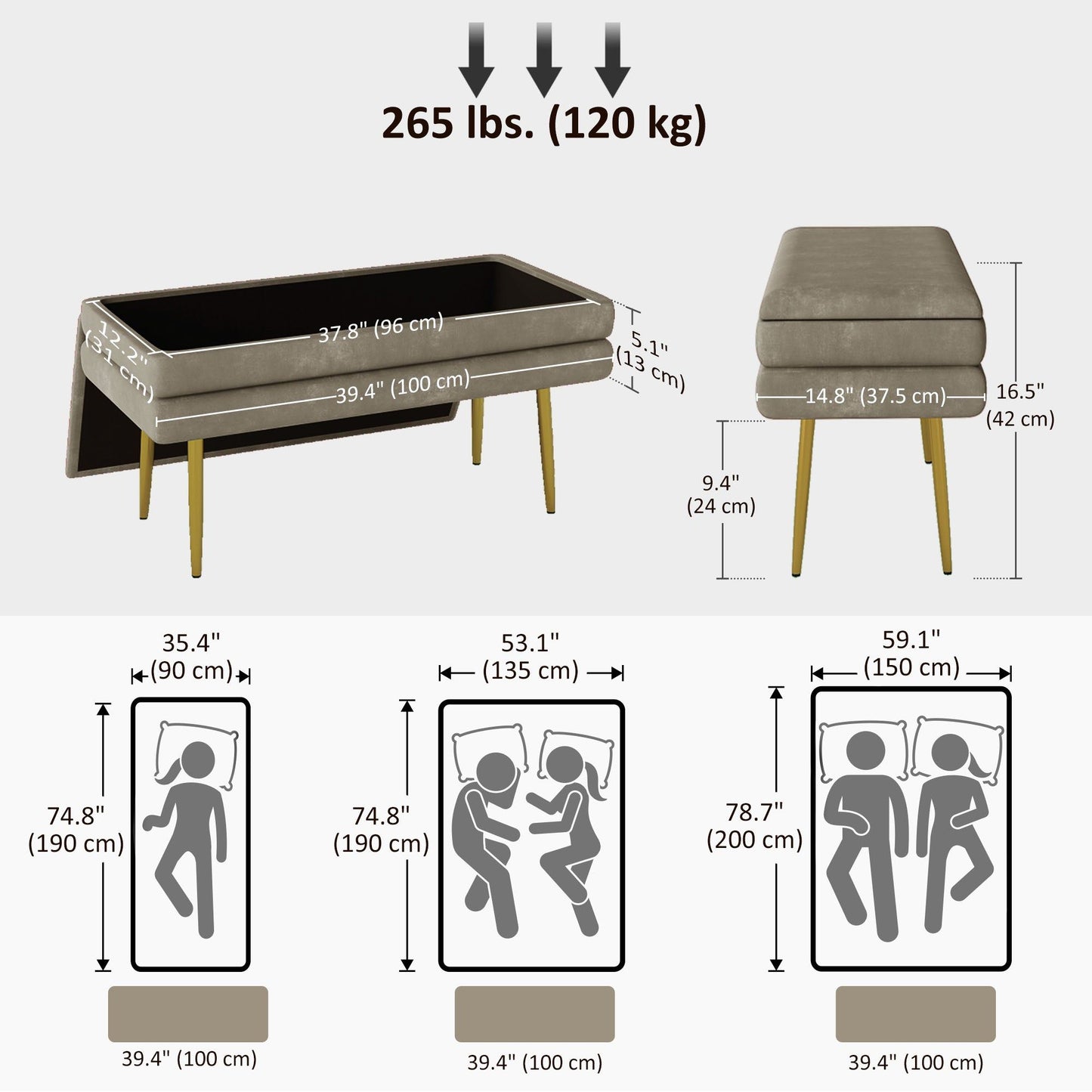 39" Velvet Storage Bench with Steel Legs - Beige