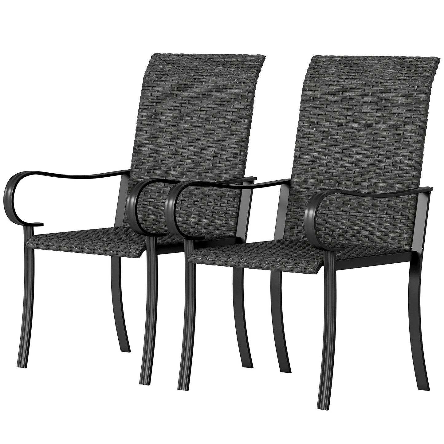 2 Piece PE Rattan Patio Dining Chairs with Steel Frame, for Garden, Backyard, Pool Side, Porch, Black