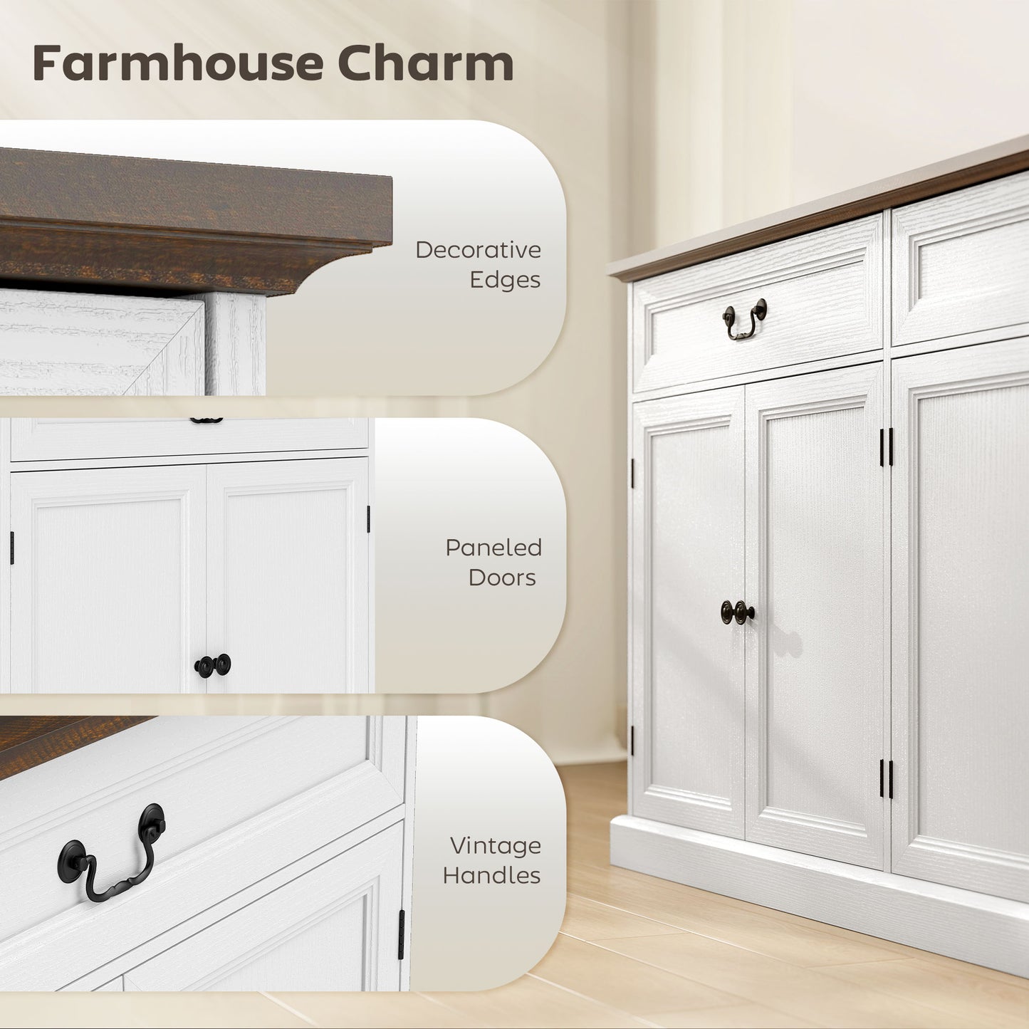 Buffet Cabinet, 55" Farmhouse Sideboard with Charging Station, 2 Drawers and 2 Adjustable Shelves, White Wood Grain