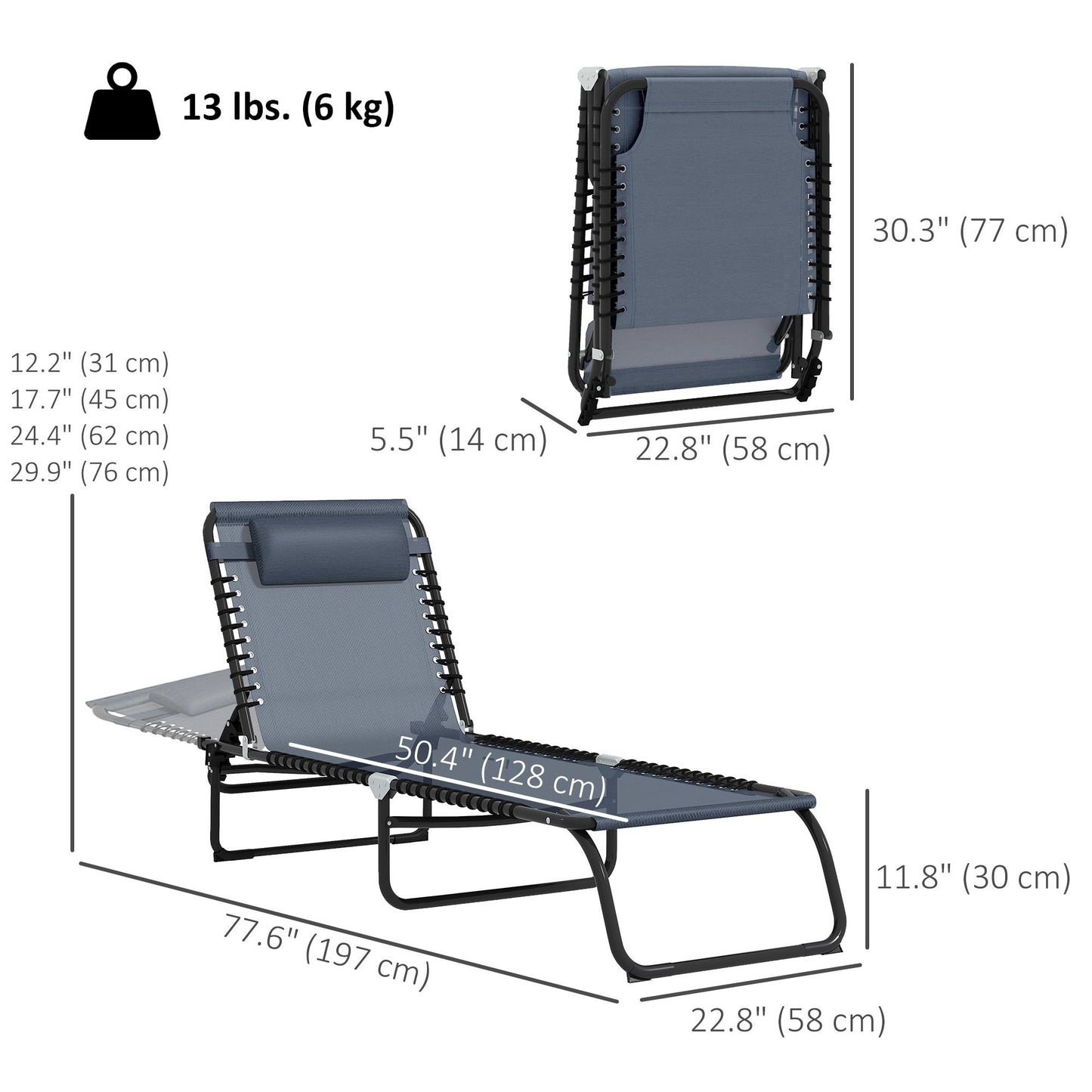 Outdoor Folding Lounge Chair, 4-Level Adjustable Chaise Lounge with Headrest, Tanning Chair Beach Bed, Reclining Lounger Cot for Camping, Hiking, Backyard, Grey