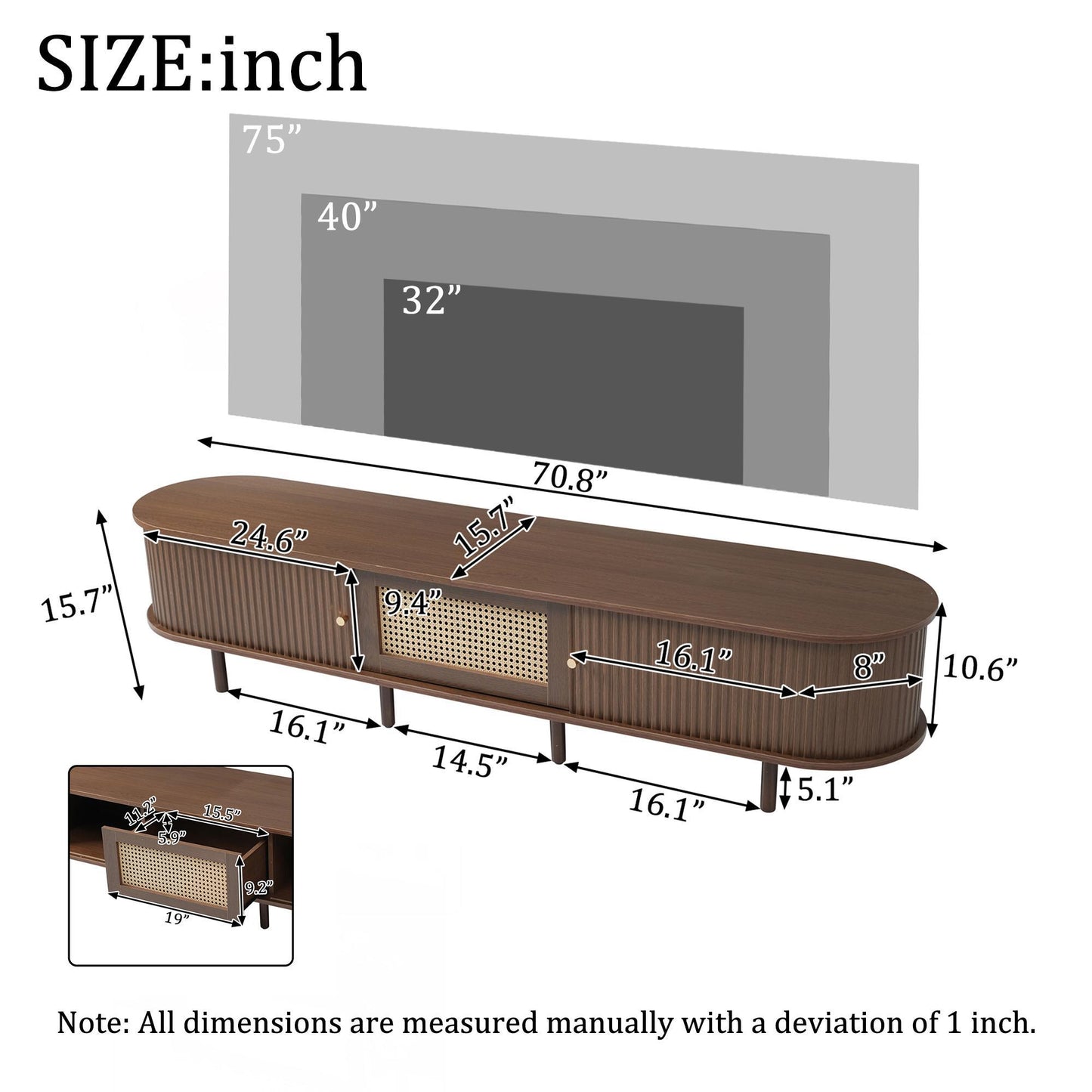 Minimalist TV Stand with Rattan Drawer and 2 Sliding Doors, Oval Media Console with Space-Saving Top, 71'' L x 15.5'' W x 15.5'' H, Dark Oak
