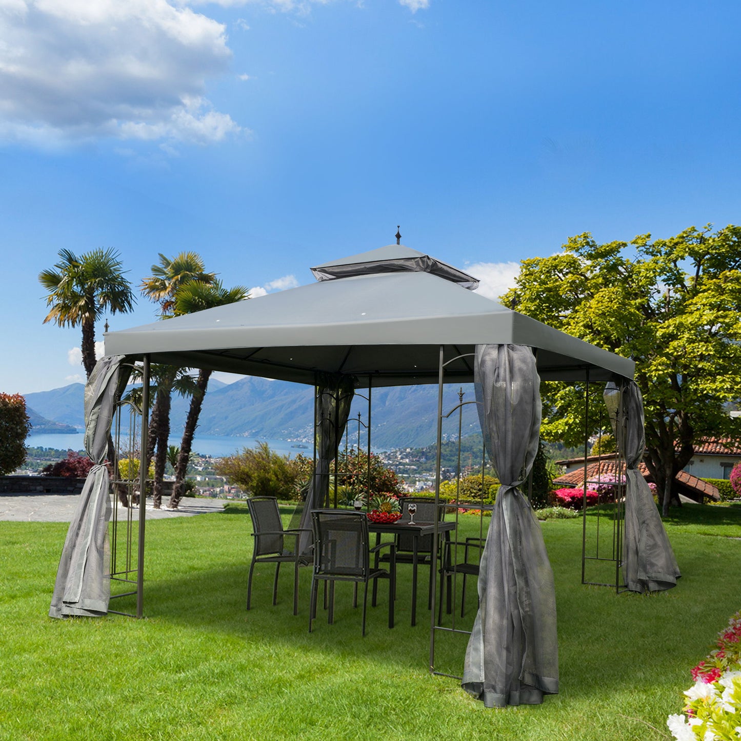 10' x 10' Steel Outdoor Patio Gazebo Canopy with Removable Mesh Curtains, Display Shelves, & Steel Frame, Grey