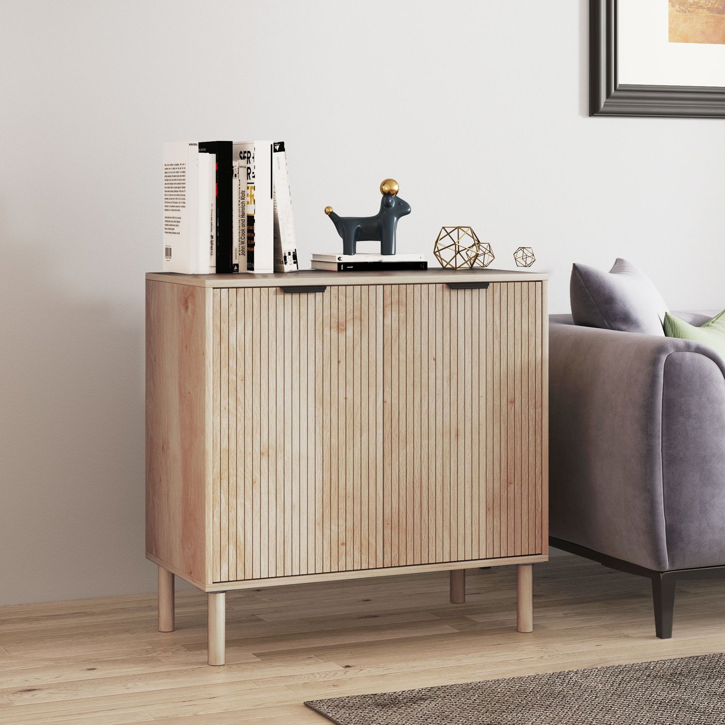 Accent Cabinet with Doors & Adjustable Shelf, Freestanding Console Cabinet with Wood Legs, Elevated Base for Living Room, Oak