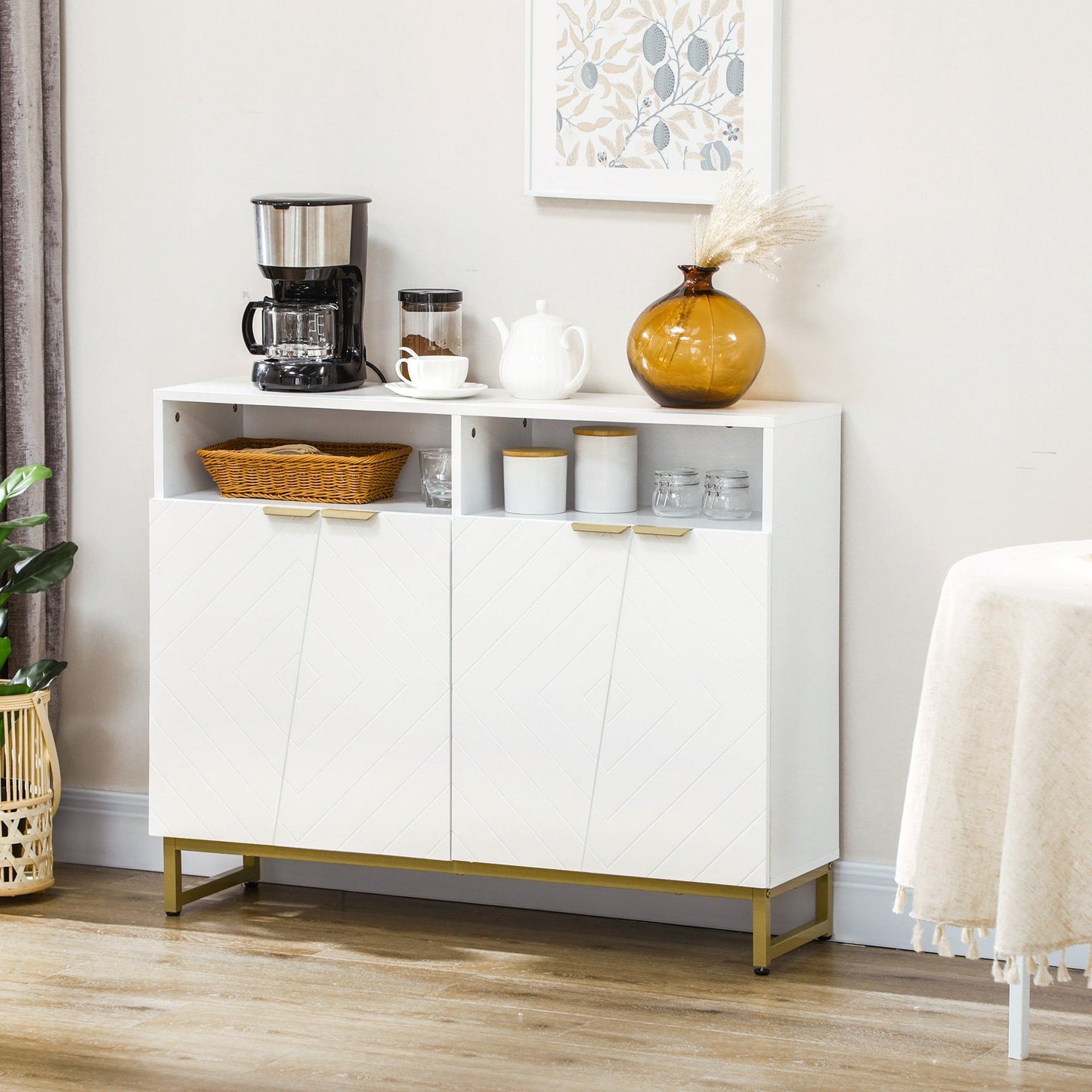 Sideboard Cabinet with 4 Doors and Metal Base - White