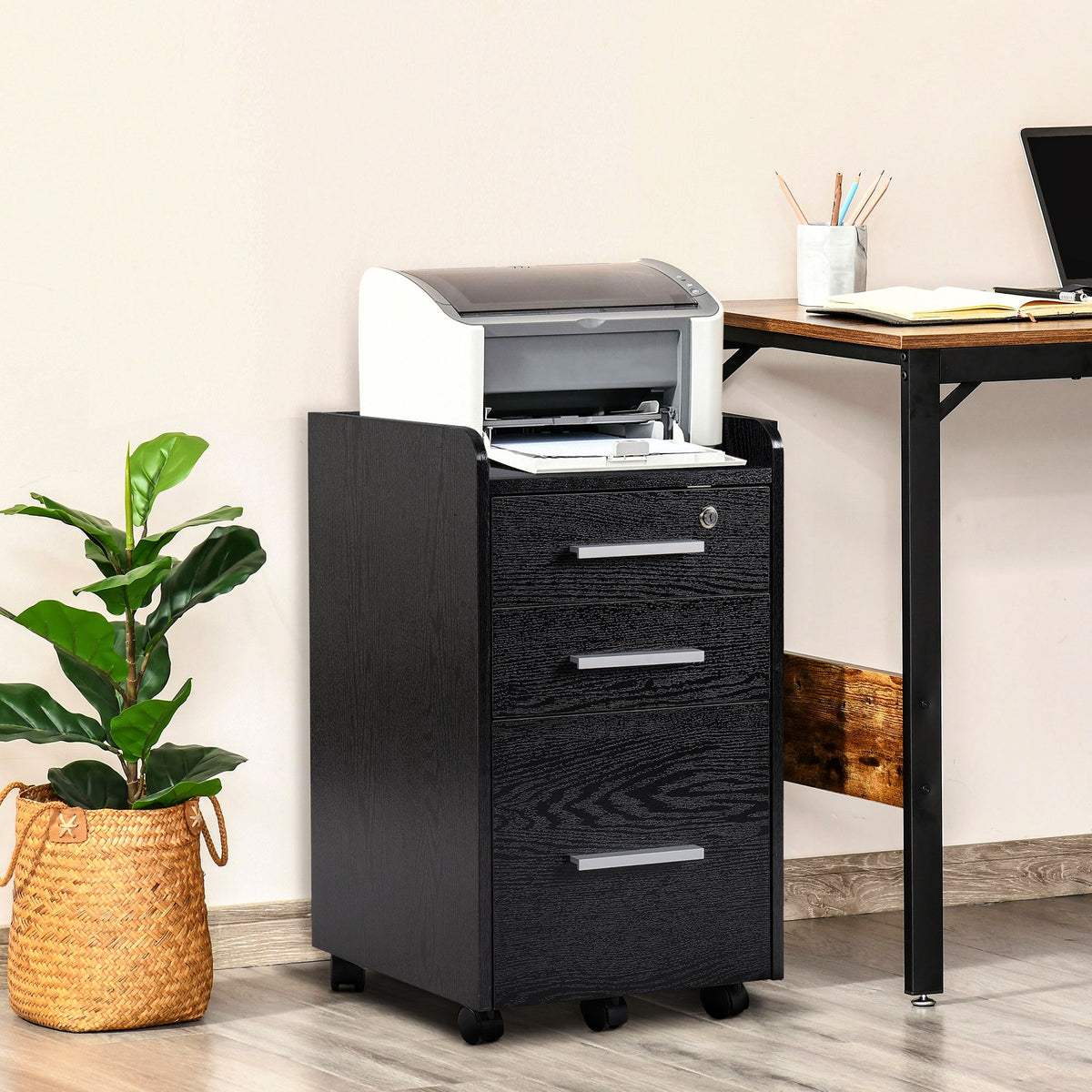 3 Drawer File Cabinet with Lock and Edged Top, Lockable Filing Cabinet on Wheels for Letter and A4 Size, Black
