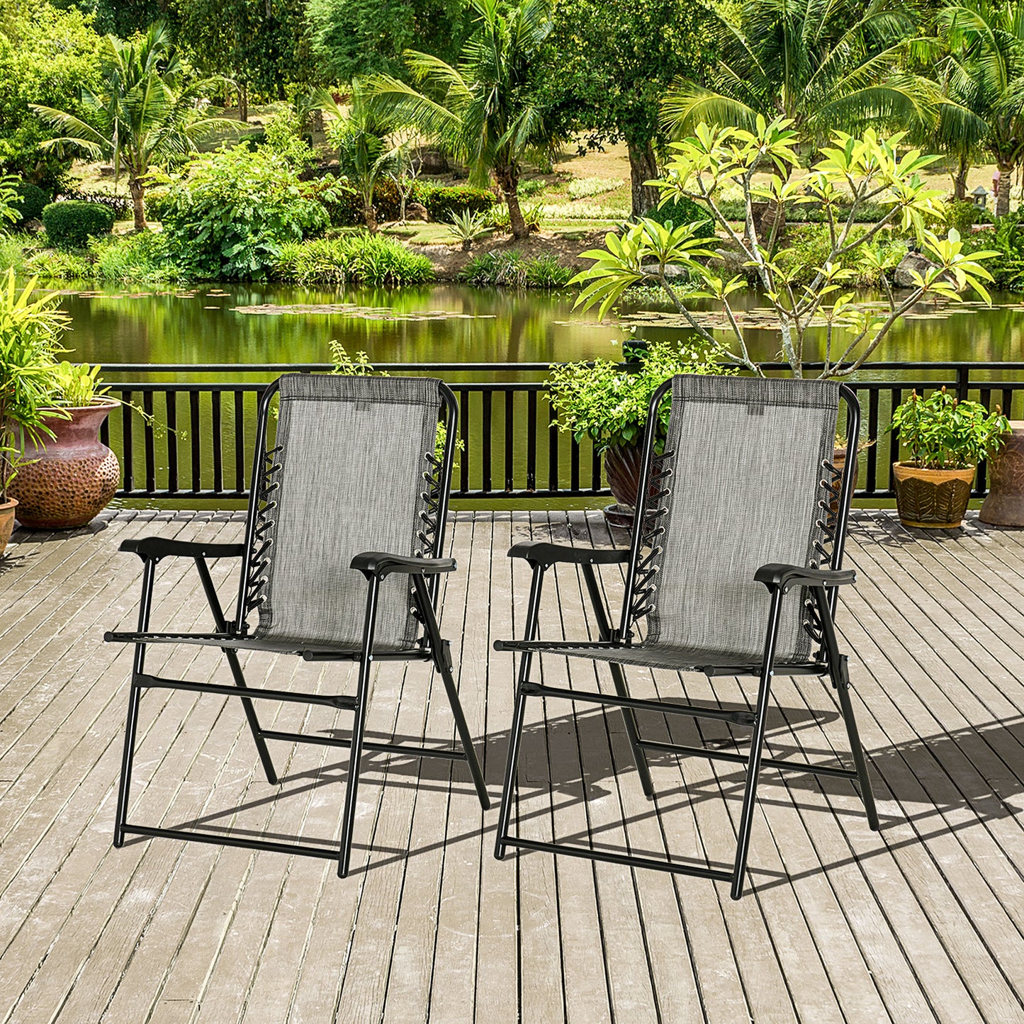 2 Pieces Outdoor Folding Patio Chair Set, Portable Camping Chairs with Armrests for Garden, Patio, Pool, Beach, Grey