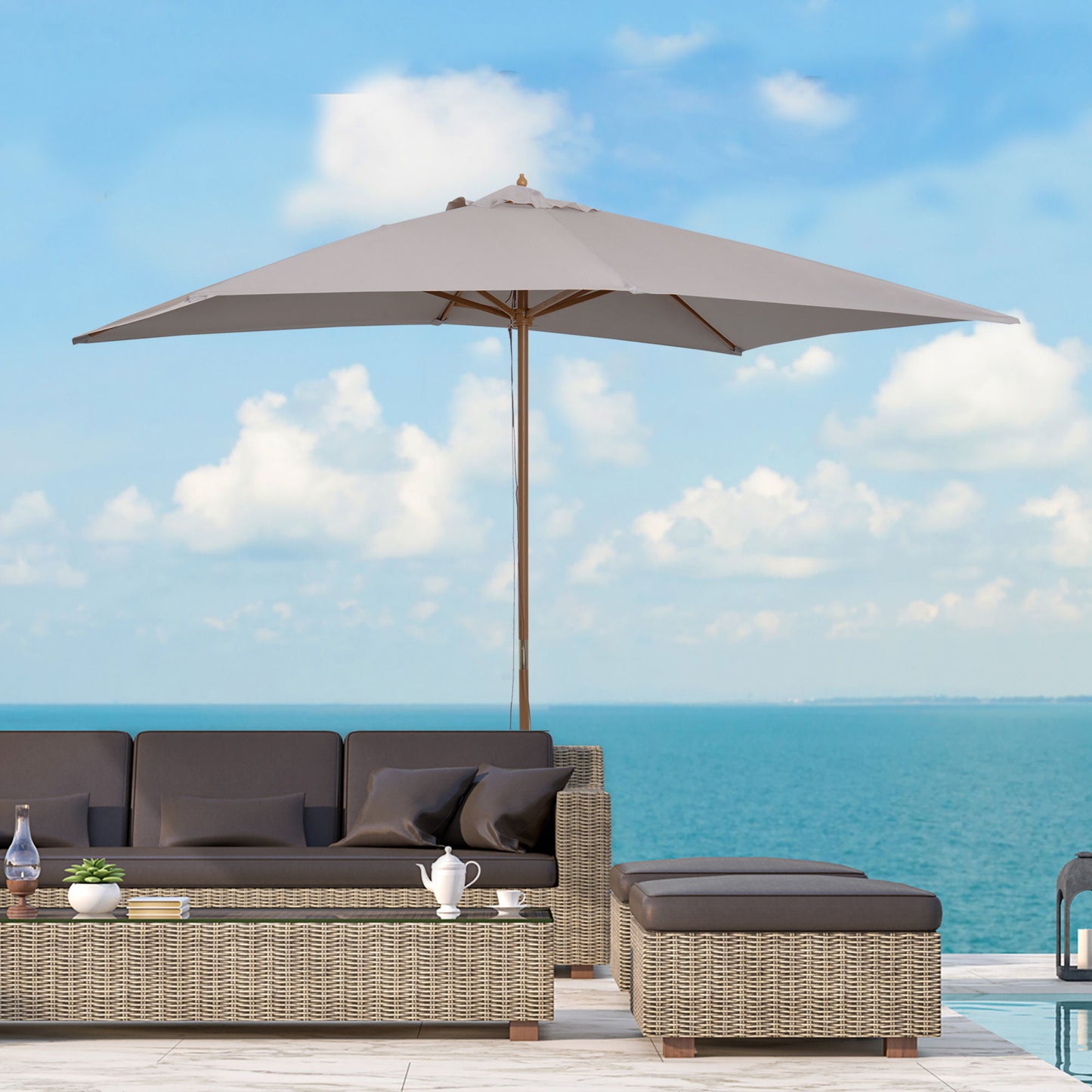 7' x 10' Wooden Patio Umbrella, Rectangle Garden Parasol, Outdoor Sunshade Canopy with Bamboo Ribs for Garden, Grey