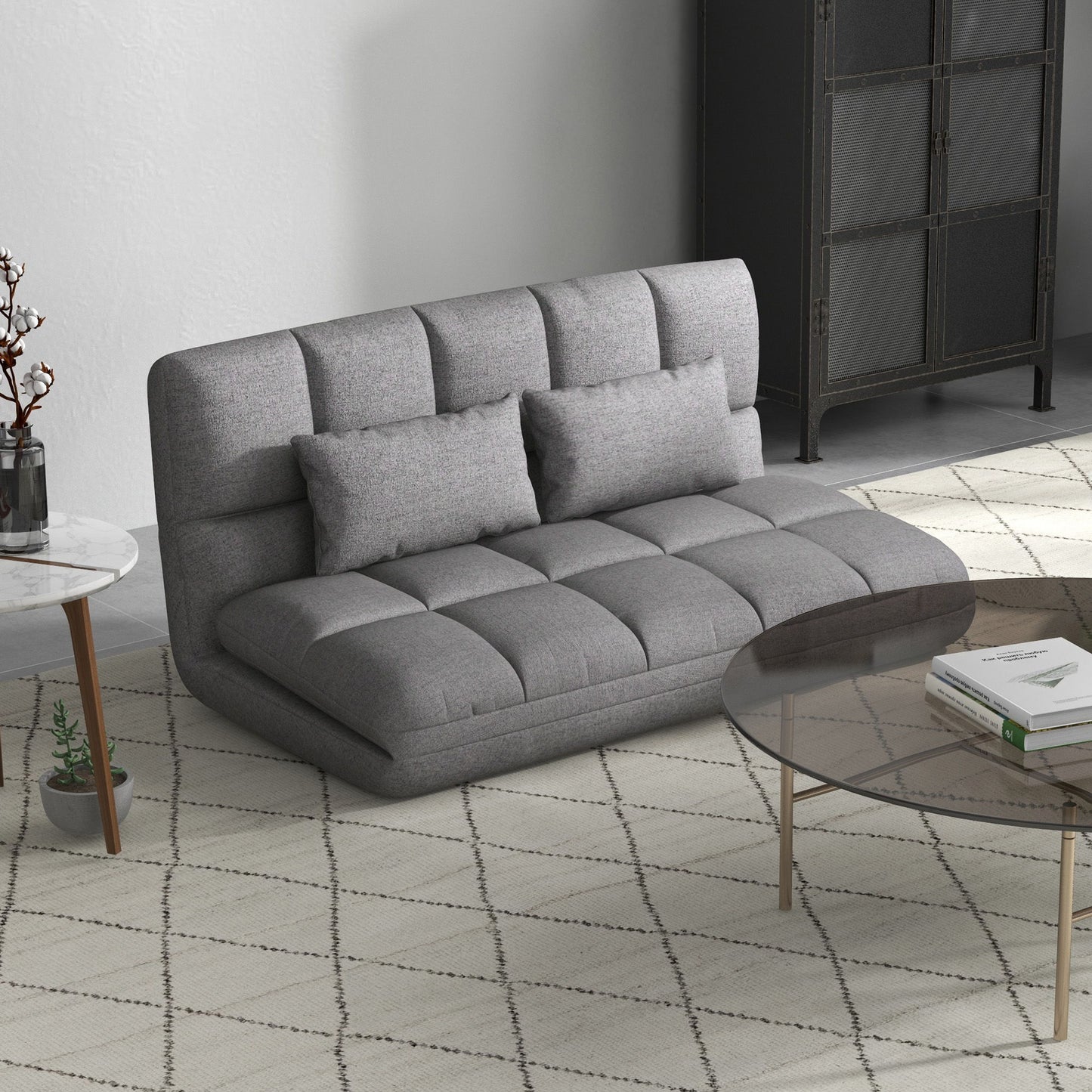 51" Folding Floor Sofa, Foldable 2-Seater Lazy Sofa Sleeper Bed, Adjustable Linen Floor Couch with 9-position Backrest, 2 Pillows and Wide Seat for Living Room, Grey