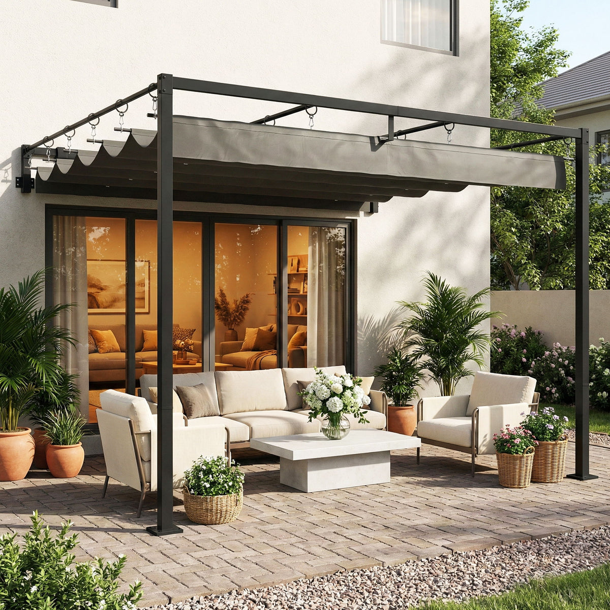 10' x 10' Retractable Pergola Canopy, Wall-Mounted Pergola, Outdoor Sun Shade Shelter for Garden, Balcony, Dark Grey