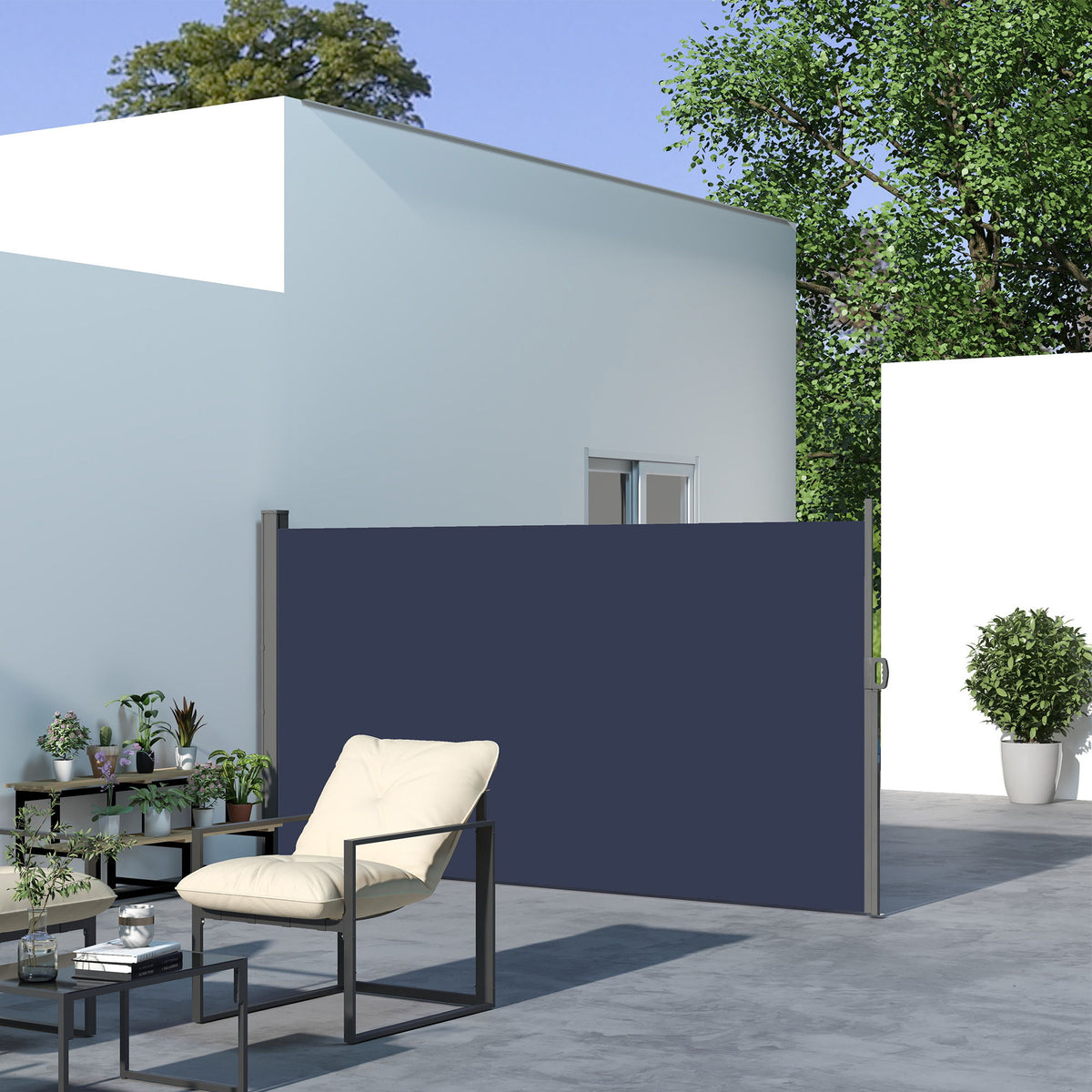 118" x 63" Outdoor Folding Privacy Screen Retractable Side Awning Patio with Resistance to UV Rays and Wind Dark Blue