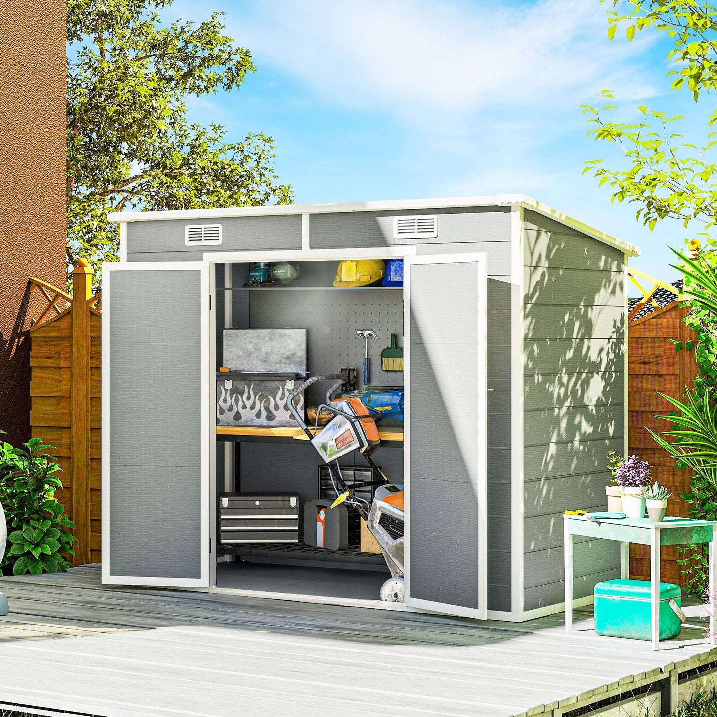 8' x 4' Resin Outdoor Storage Shed with Floor, Window, Lockable Doors and Vents for Backyard Patio Lawn, Light Grey