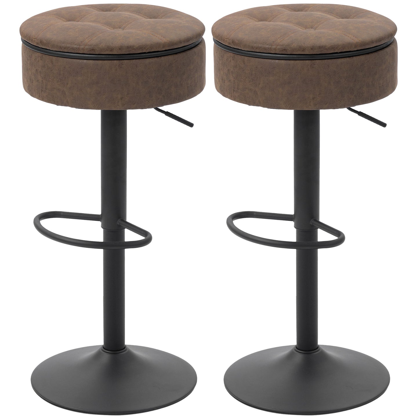 Set of 2 Barstools with Storage, Swivel Bar Stools with PU Leather Upholstered, Footrest, Steel Base, Brown