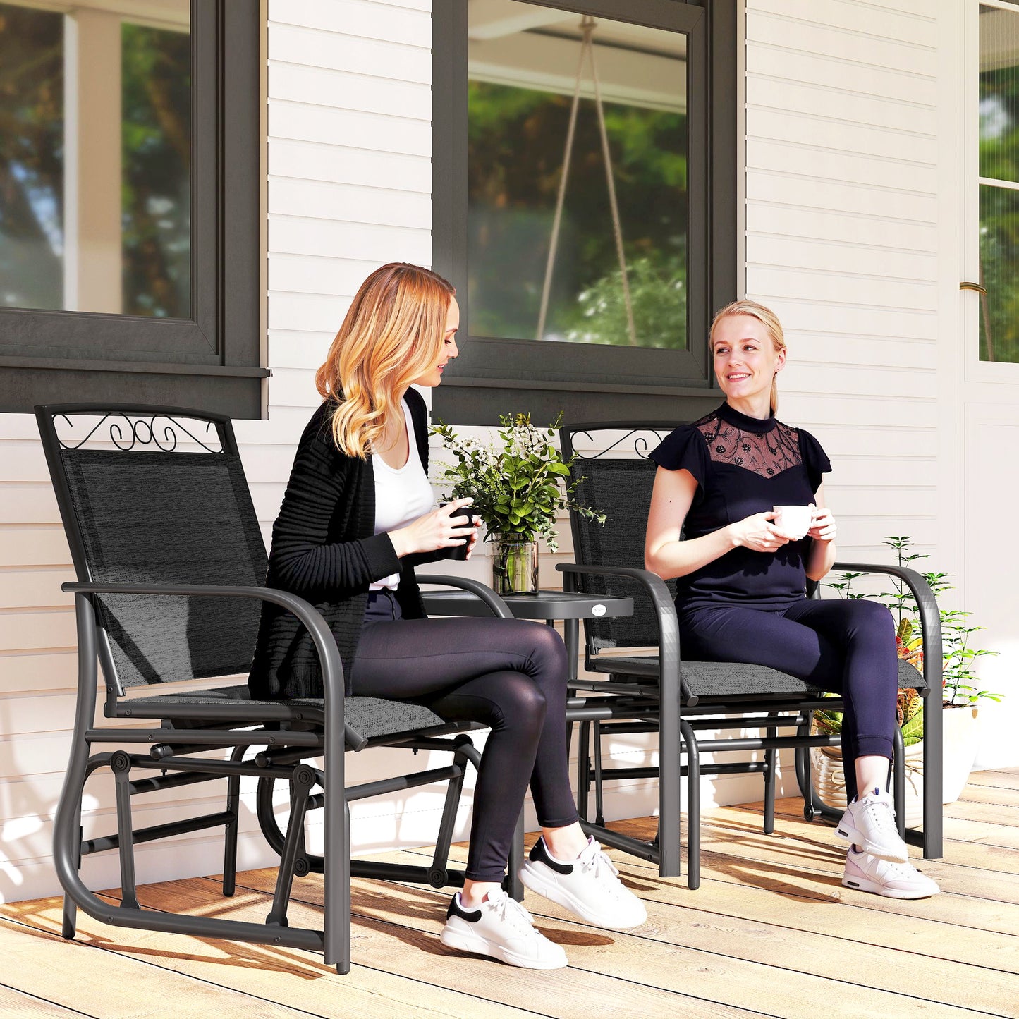 Outdoor Glider Bench with Coffee Table, Patio 2-Seat Rocking Chair Swing Loveseat with Breathable Sling for Backyard Garden Porch, Black