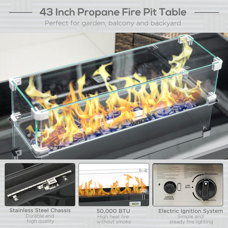 Coffee 43" Wicker Propane Fire Pit Table with Wind Guard