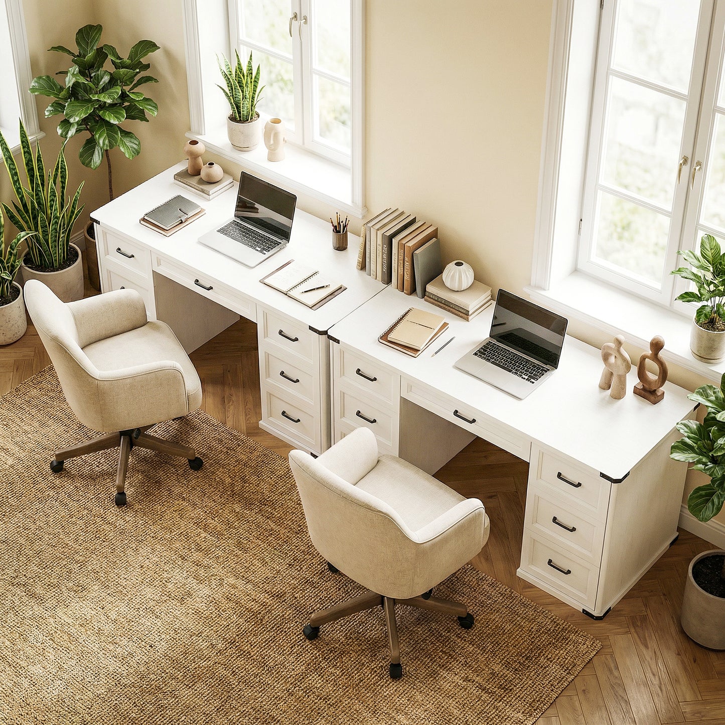 55" Computer Desk with 7 Drawers, Farmhouse Executive Desk for Home Office, Study, Bedroom, White Wood Grain
