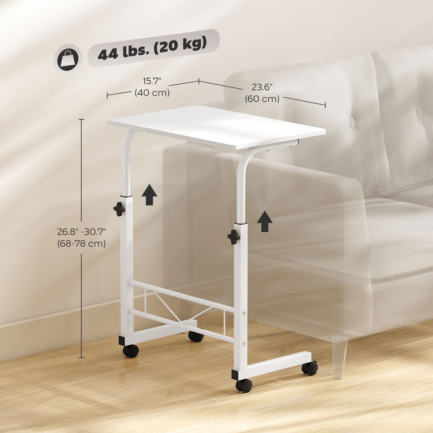 Mobile Standing Desk with Adjustable Height, 23.5 inch Stand Up Desk with Wheels, White