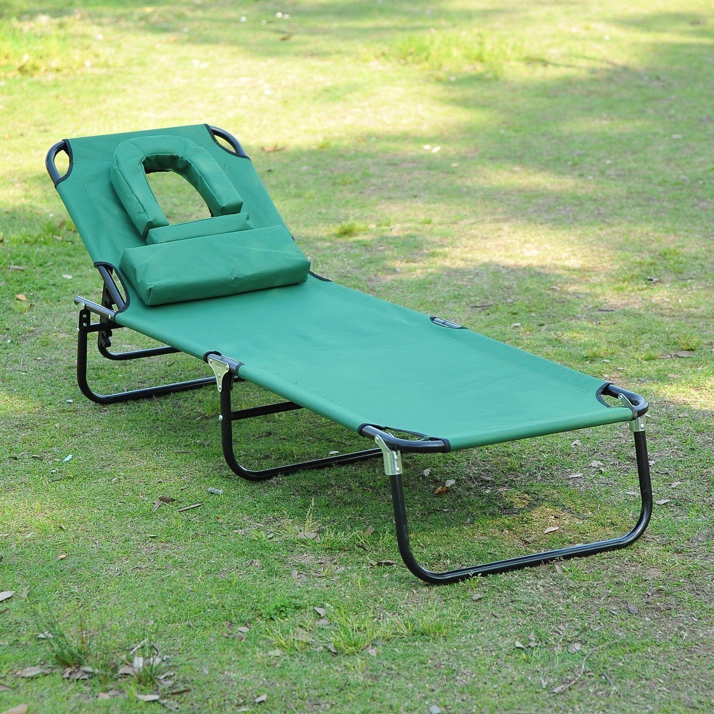 Folding Outdoor Lounge Chair, Portable Reclining Beach Lounger with Face Hole, Detachable Pillow, 3-Position Adjustable Backrest, For Patio, Garden, Poolside, Green