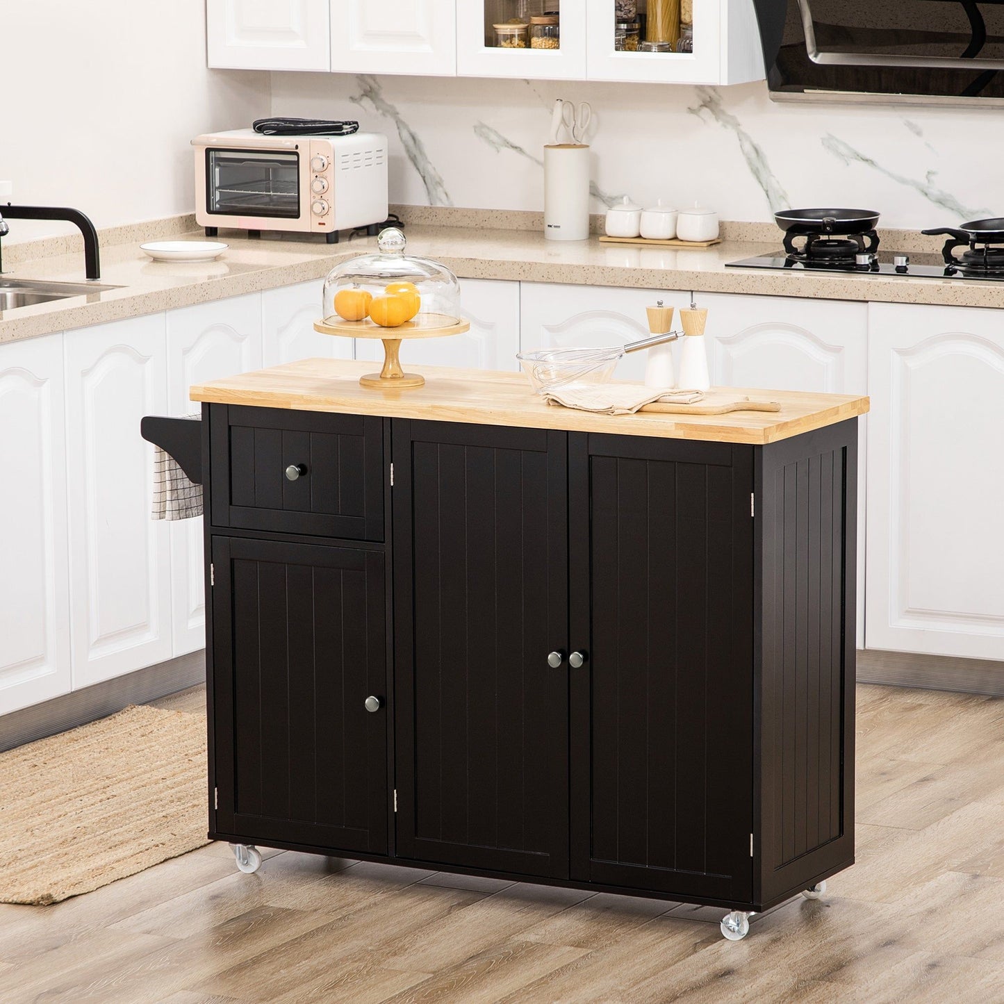 Rolling Kitchen Island with Drawer and Cabinets - Black