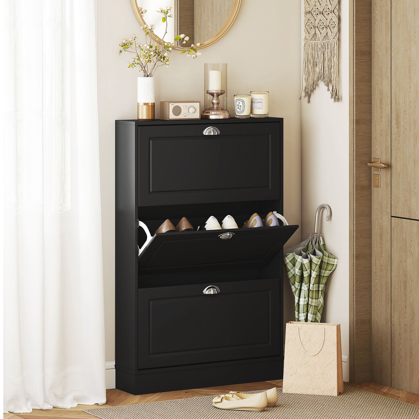 Shoe Cabinet with 3 Flip Drawers, Narrow Shoe Storage Cabinet, Holds 12 Pairs for Entryway, Hallway, Black