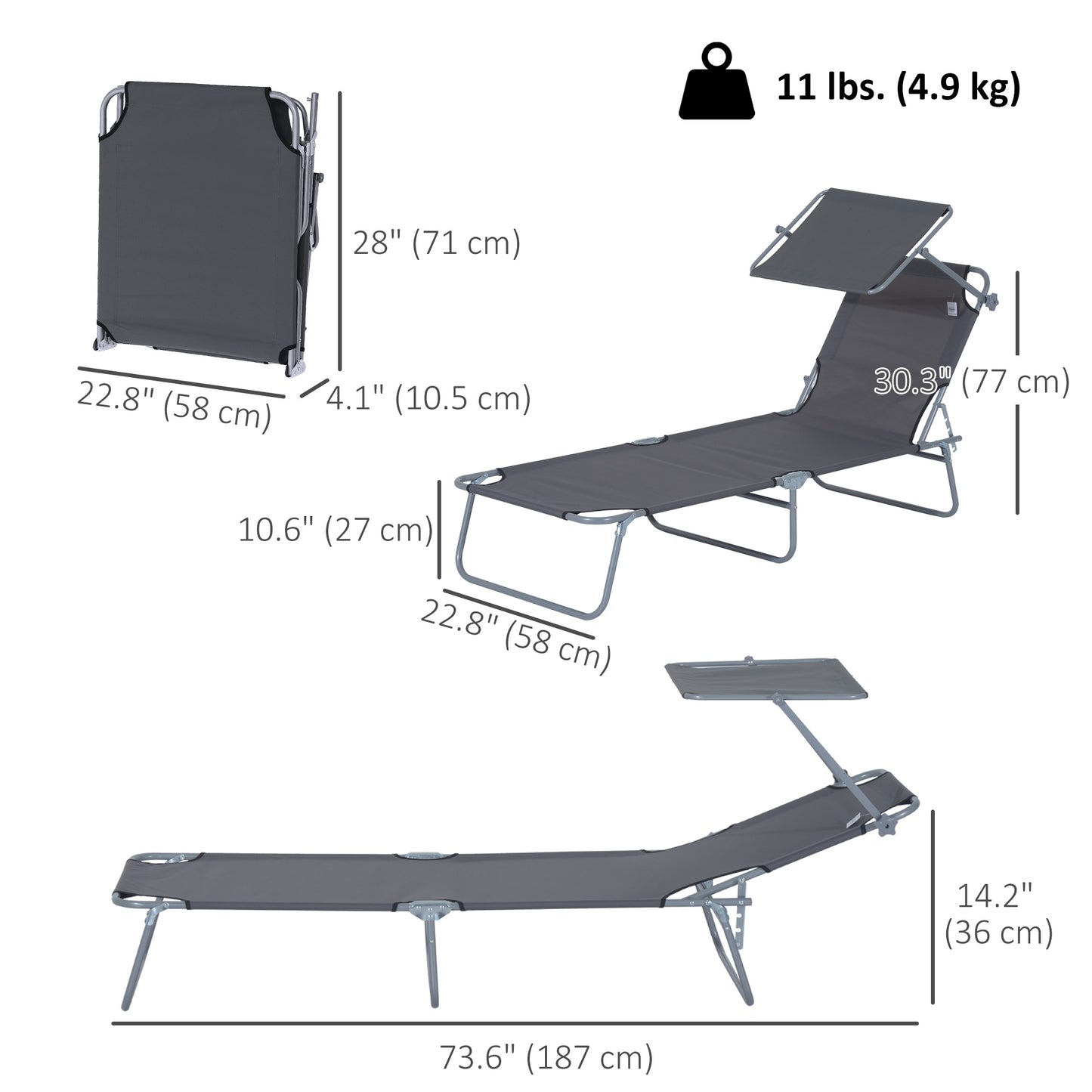 Outdoor Lounge Chair, Adjustable Folding Chaise Lounge, Tanning Chair with Sun Shade for Beach, Camping, Hiking, Backyard, Light Grey