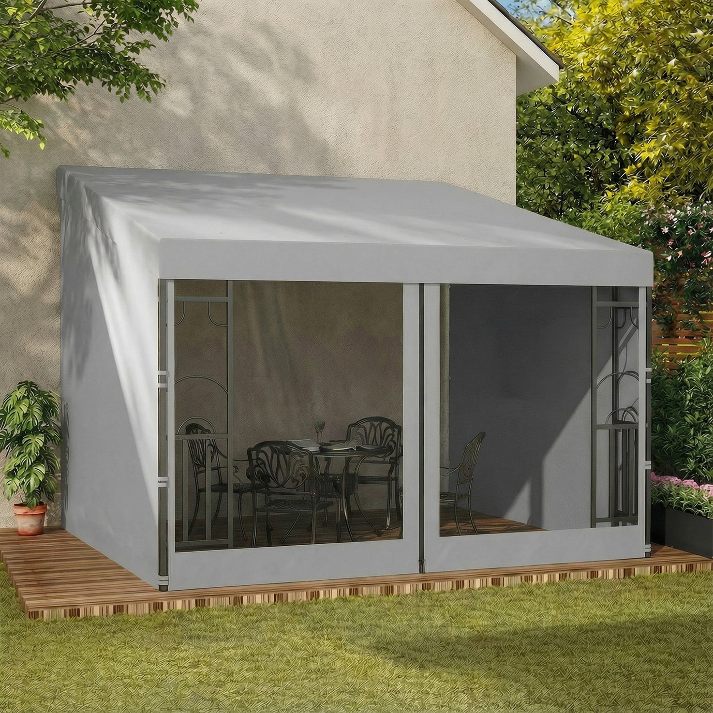 10' x 10' Wall Pergola, Outdoor Gazebo with 2 Curtains and 2 Nettings, UV Resistant, for Patio, Deck, Light Grey