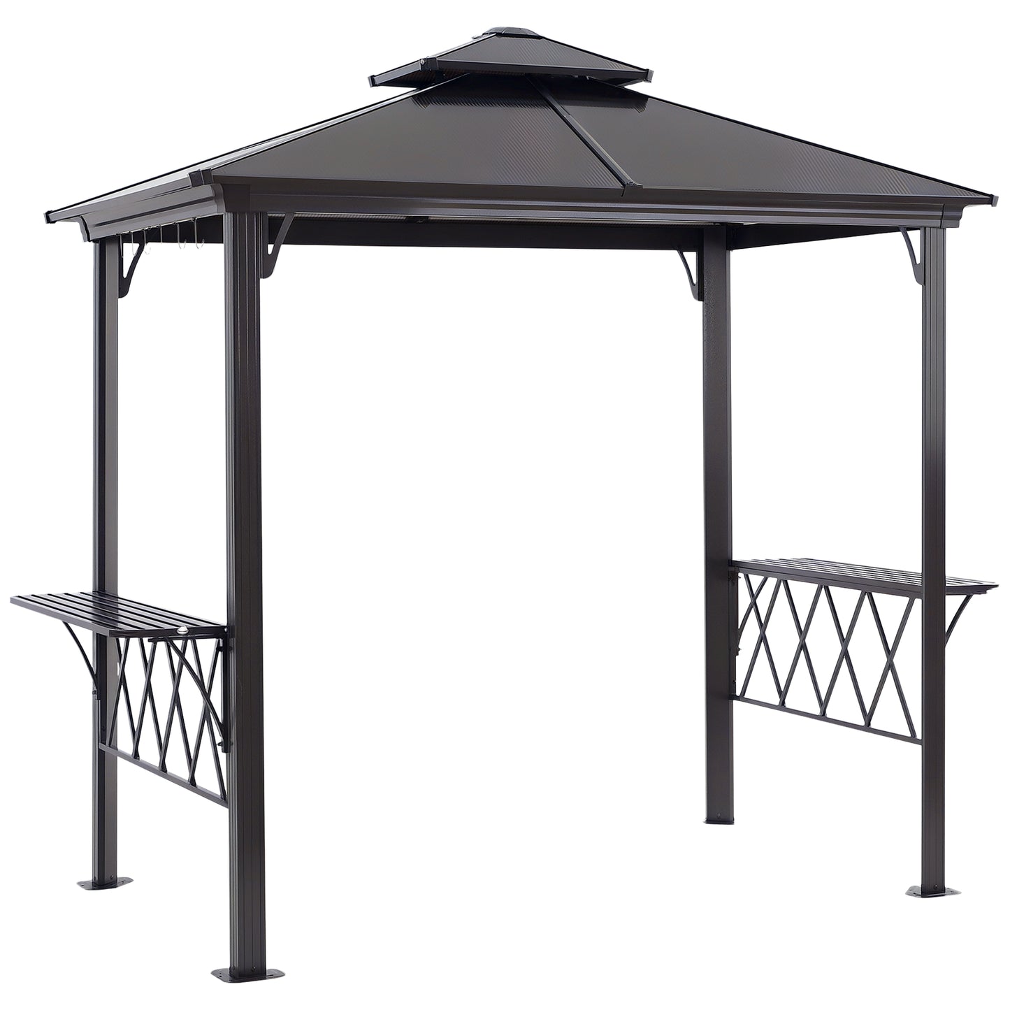 Outdoor Hardtop Grill Gazebo Cooking BBQ Canopy w/ 6 Hooks for Utensils and Double Vented PC Roof, Coffee