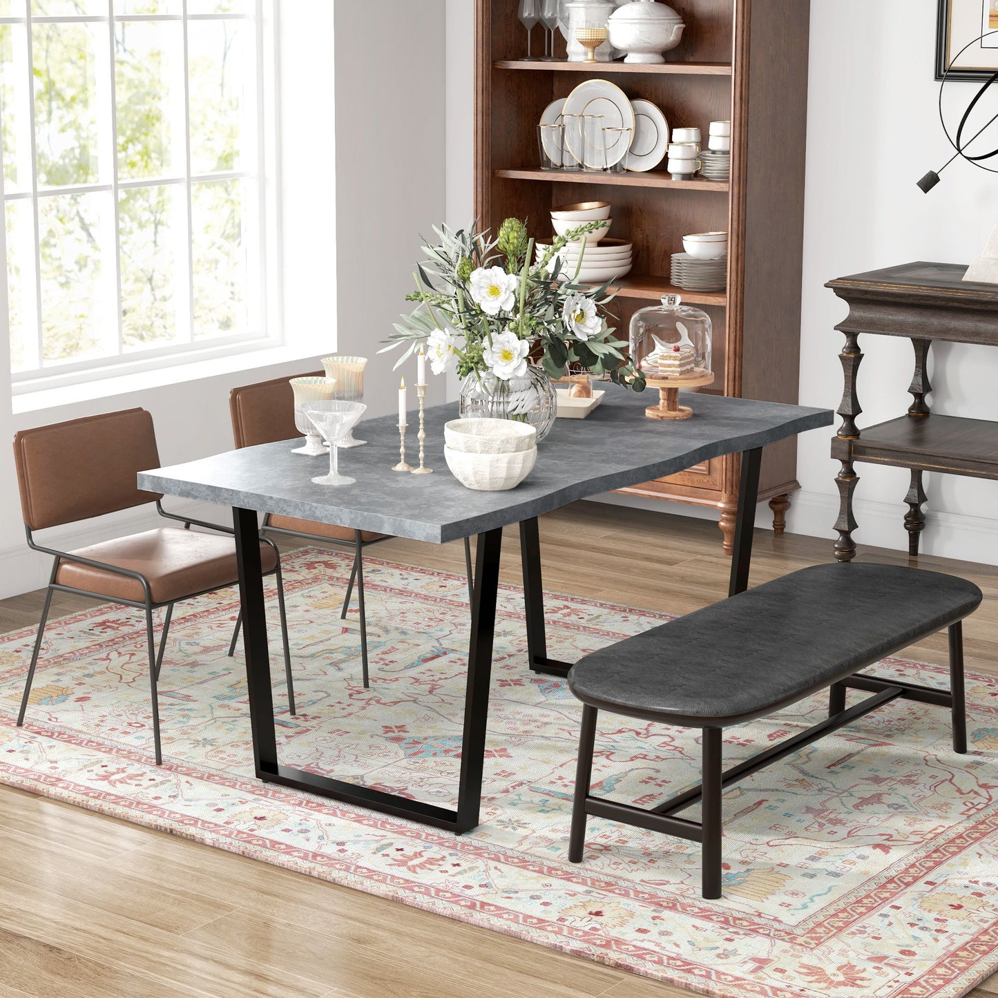 63" Kitchen Table, Industrial Dining Table with Wave-edged Tabletop and Steel Legs for Up to 6 People, Cement Grey