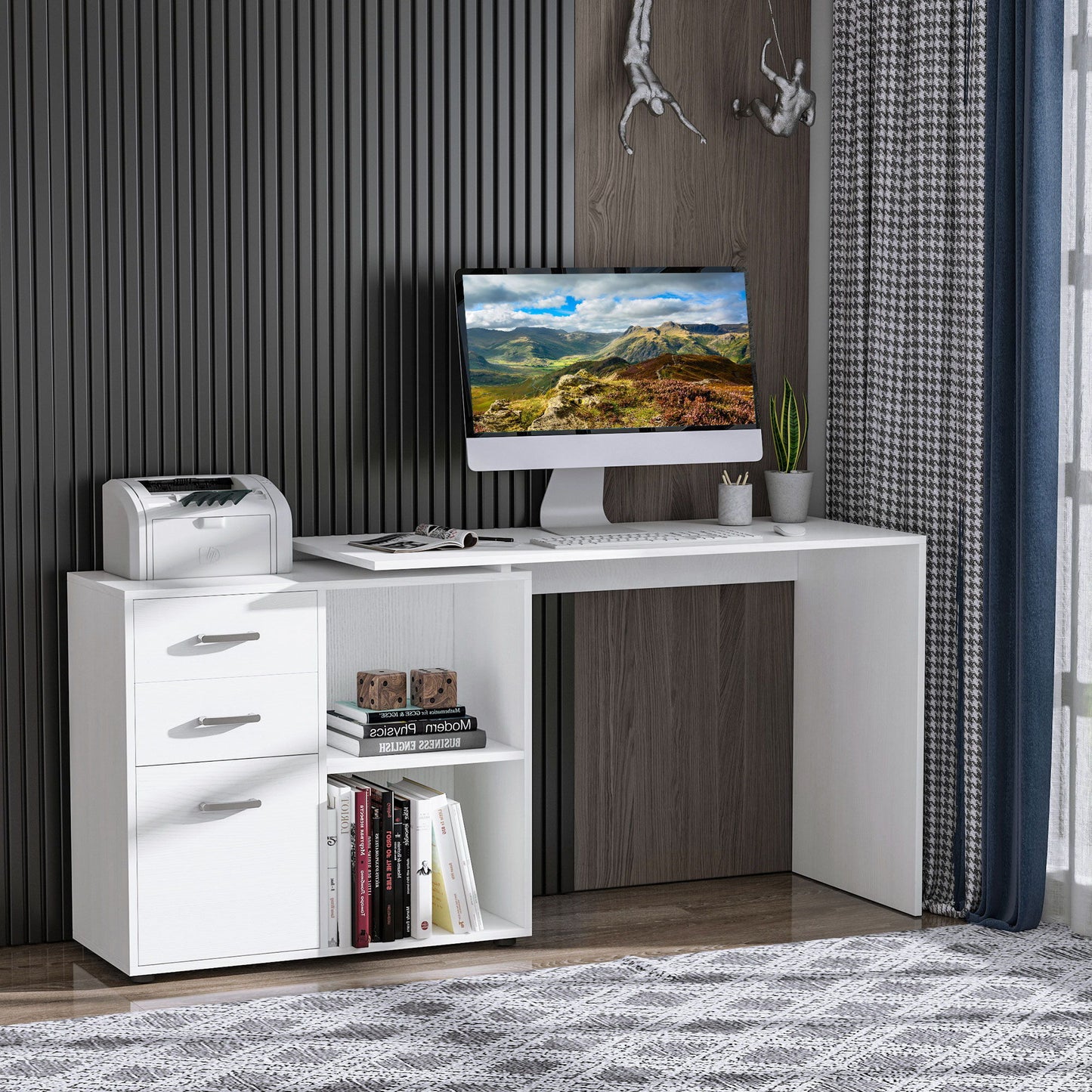 L-Shaped Desk, Computer Corner Desk with Storage Shelf, Drawer, PC Table Home Office Workstation, White