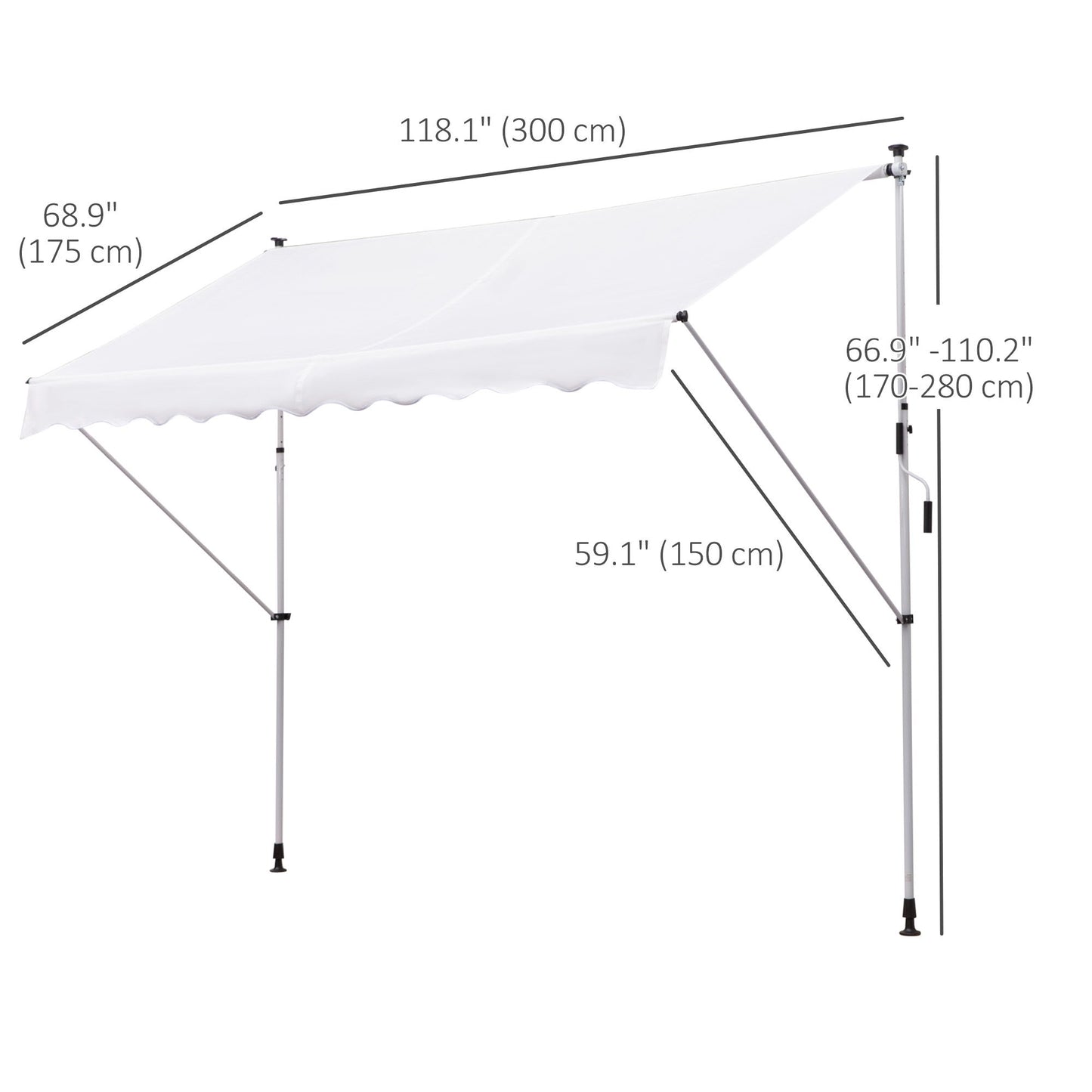 10x5ft Manual Retractable Awning, Patio Sun Shade Canopy Shelter with 5.6-9.2ft Support Pole, Water Resistant UV Protector, for Window, Door, Porch, Deck, White