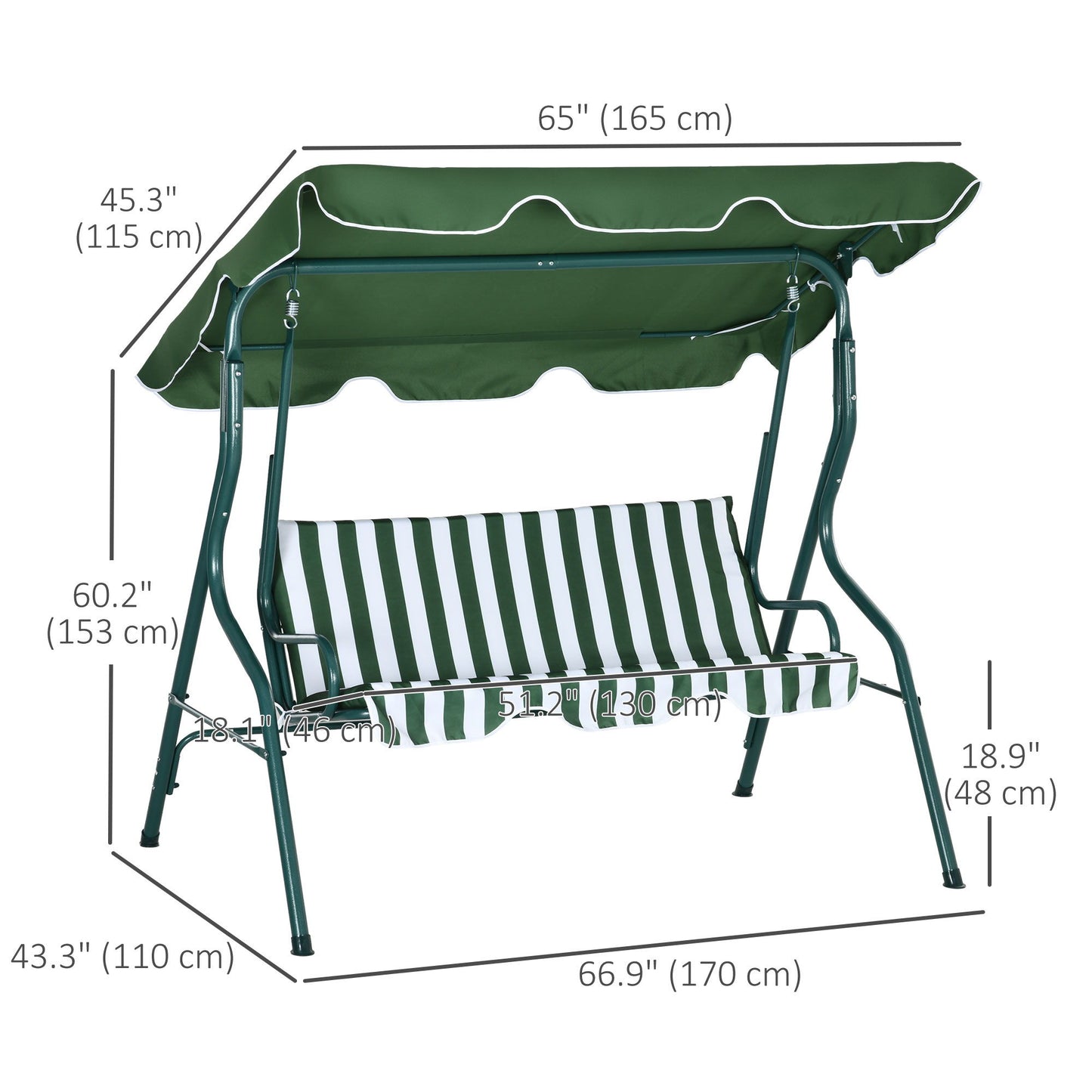 Outdoor Porch Swing with Adjustable Canopy, 3-Seater Patio Swing Chair with Cushion, Green