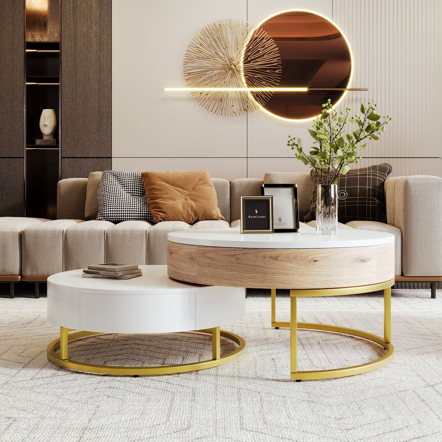 Modern Round Lift-top Nesting Coffee Tables with Hydraulic Lifting System, Space-saving Design, 31.5" L x 31.5" W x 16" H, Natural+White